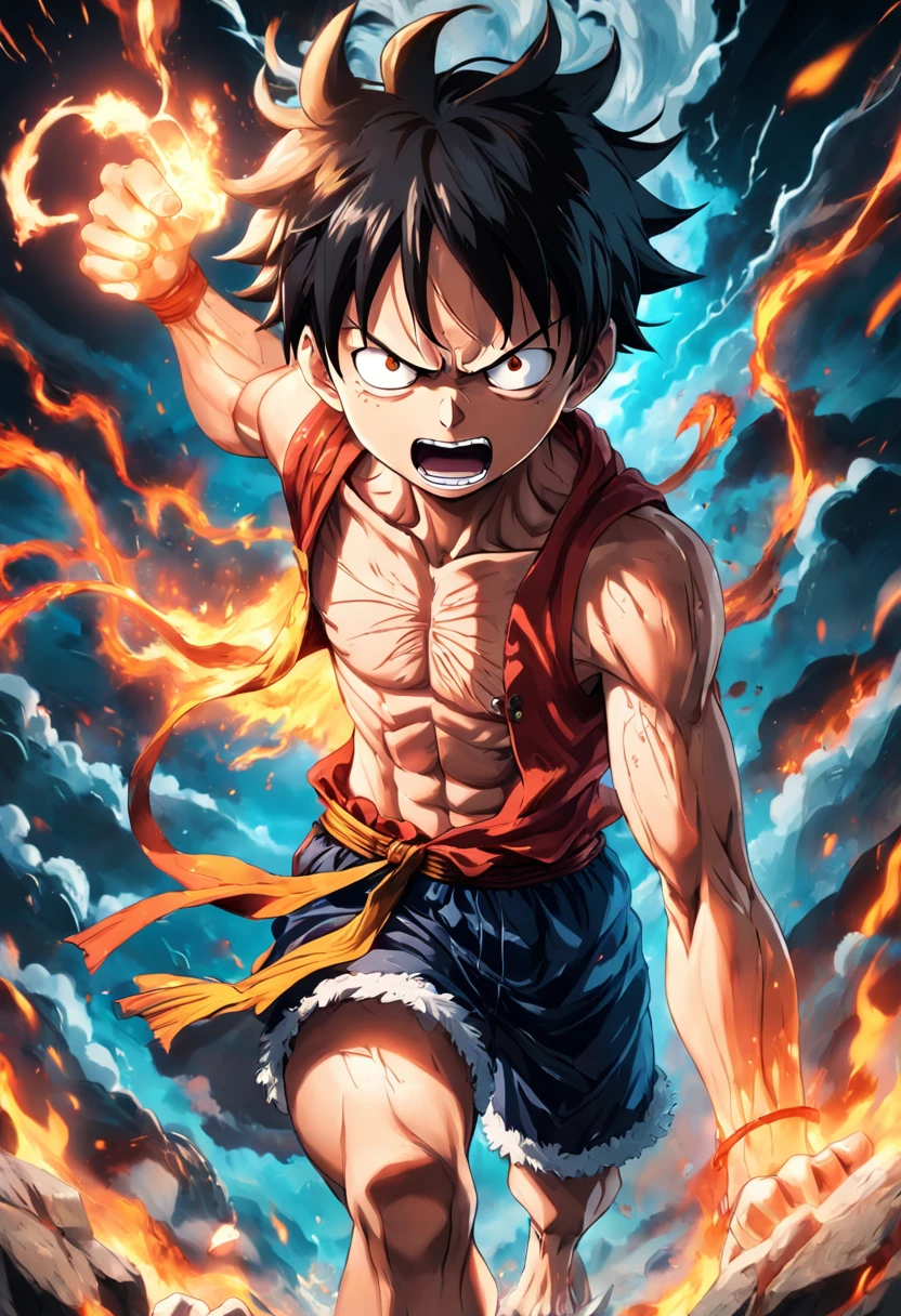 Design a gripping poster featuring Luffy from "One Piece" in a fit of rage. Capture the essence of his burning determination and unyielding spirit as he unleashes his wrath upon his enemies. Keep it short, bold, and intense to convey the raw power of Luffy's anger., Hypnotic, Androgynous, Gadgetpunk, face shot, Cinema4D rendering, Depth of field, Tapestry, black colors, Classical Realism, glow in the dark lighting, Hyper realistic, dramatic shadows, film noir style, 4k