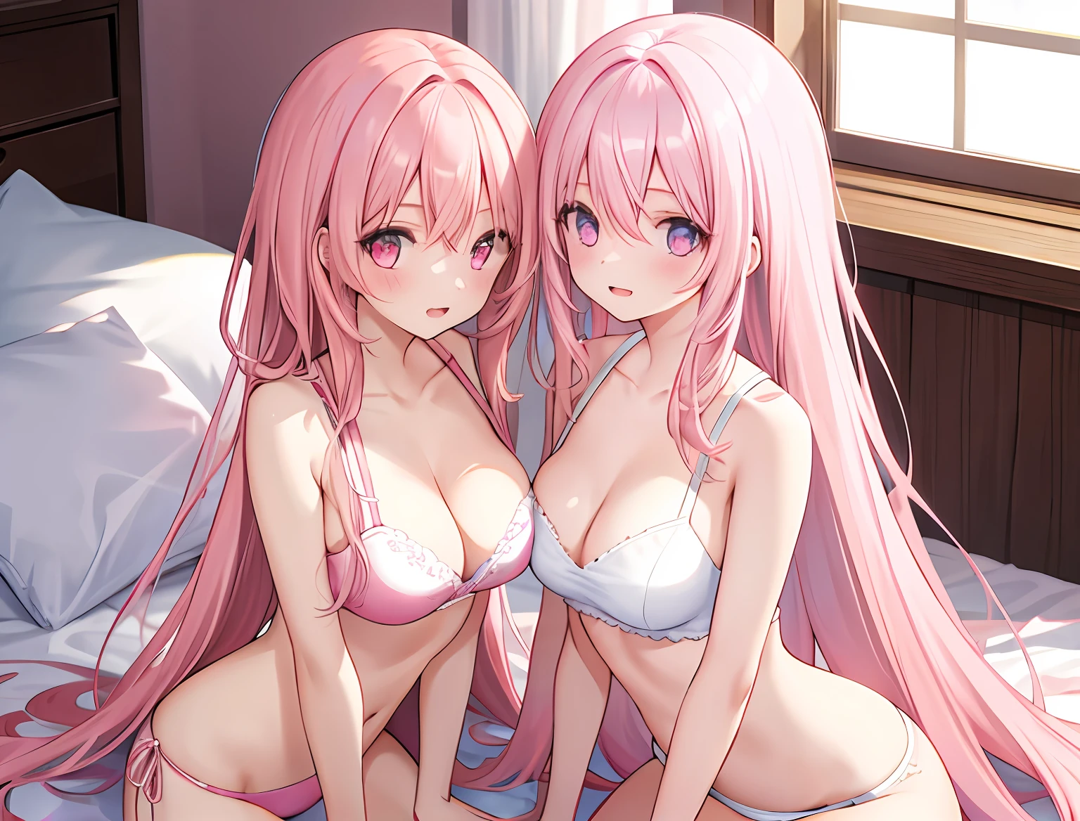2girls,A pink-haired,long whitr hair,mediuml breasts,Wear only a bra,Breast collision,Light panties