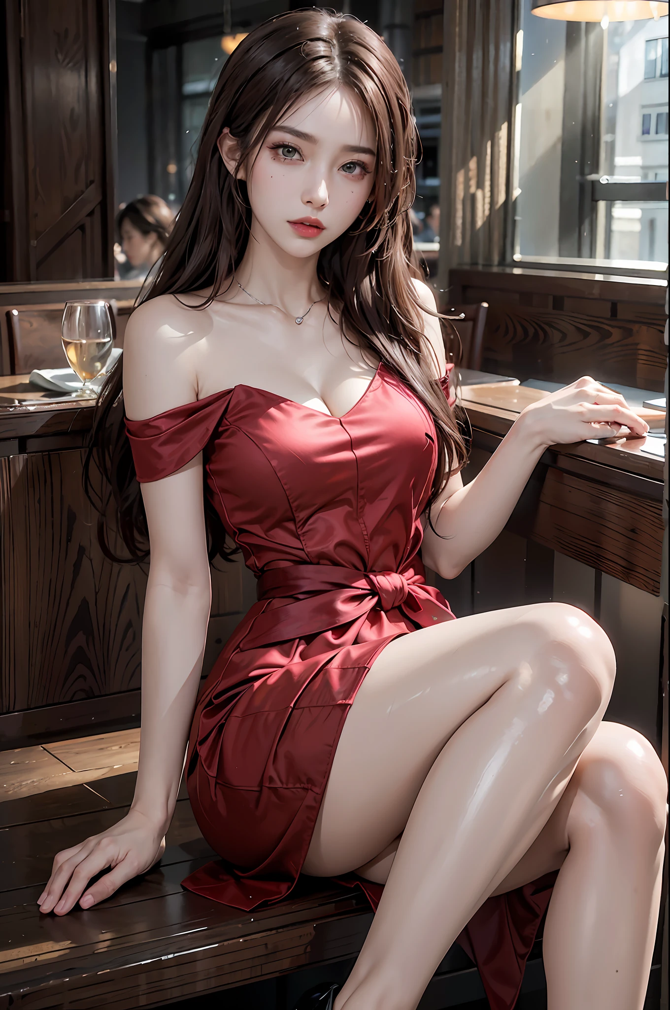 (8k, RAW photo, best quality, masterpiece:1.2), ultra-detailed, perfect detail , looking at viewer, make up, seductive, shamefaced, (young:1.2),((20 year old)), beautiful face, beautiful eyes, (((perfect female body, narrow waist))), red hair, asian appearance, hourglass figure, green eyes, beautiful appearance, red silk dress, puffy lips, black heels, in the restaurant, wavy hair, light makeup, mole under the lip, dragon tattoo on the shoulder