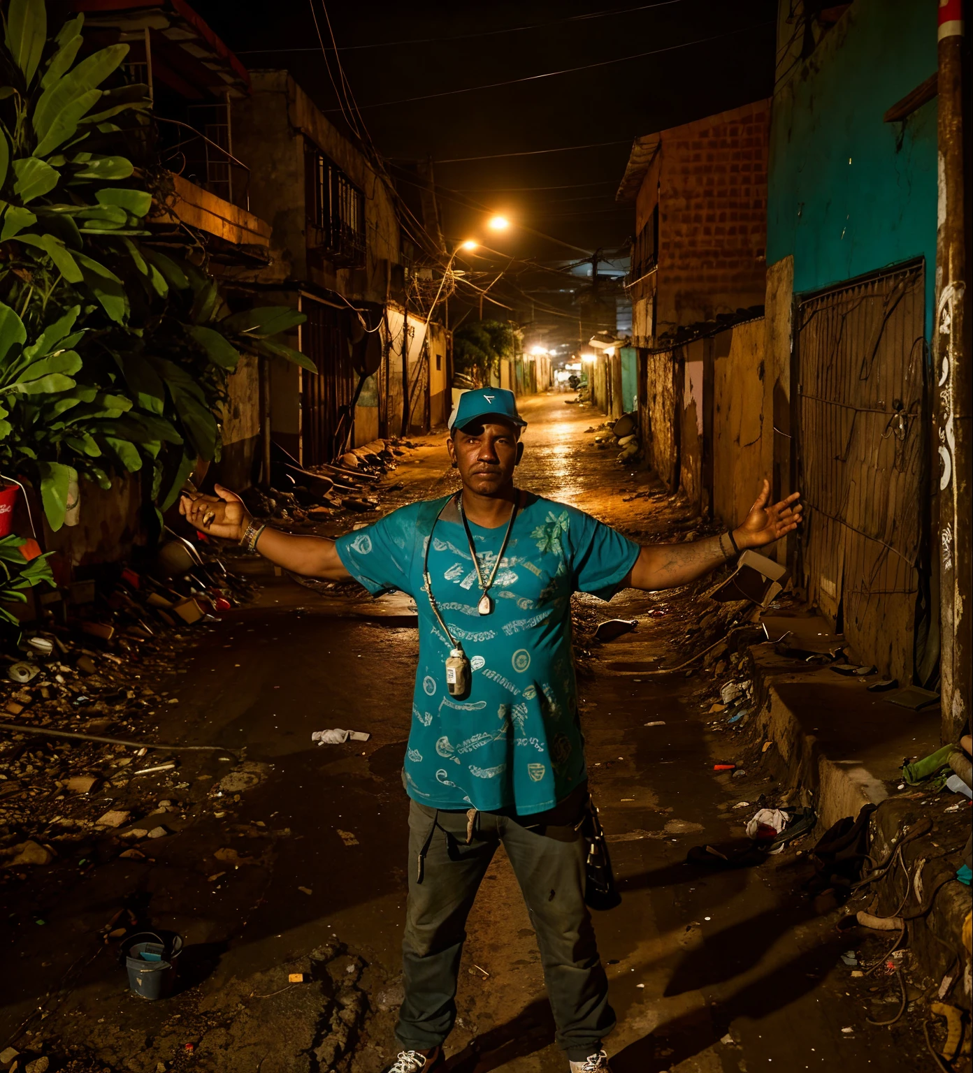 There's a man standing in an alley with his arms out, Location ( favela ), Location ( favela _ PAREDE ), standing on a township street, favela, album photo, standing in the streets, standing in an alleyway, photo taken at night, favelas, on a street at night, don't change the face