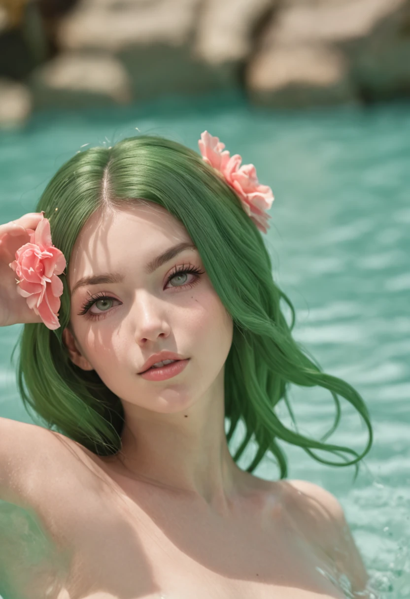 chica estilo anime, ilustracion, saltando, fondo de Agua, en bikini, pelo verde y rosa