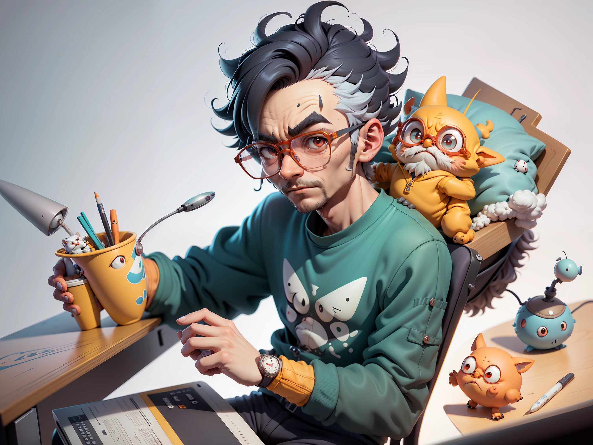 A young man with glasses sits at his desk,holding laptop,digitial painting,3D character design by Mark Clairen and Pixar and Hayao Miyazaki and Akira Toriyama,4K HD illustration,Very detailed facial features and cartoon-style visuals。