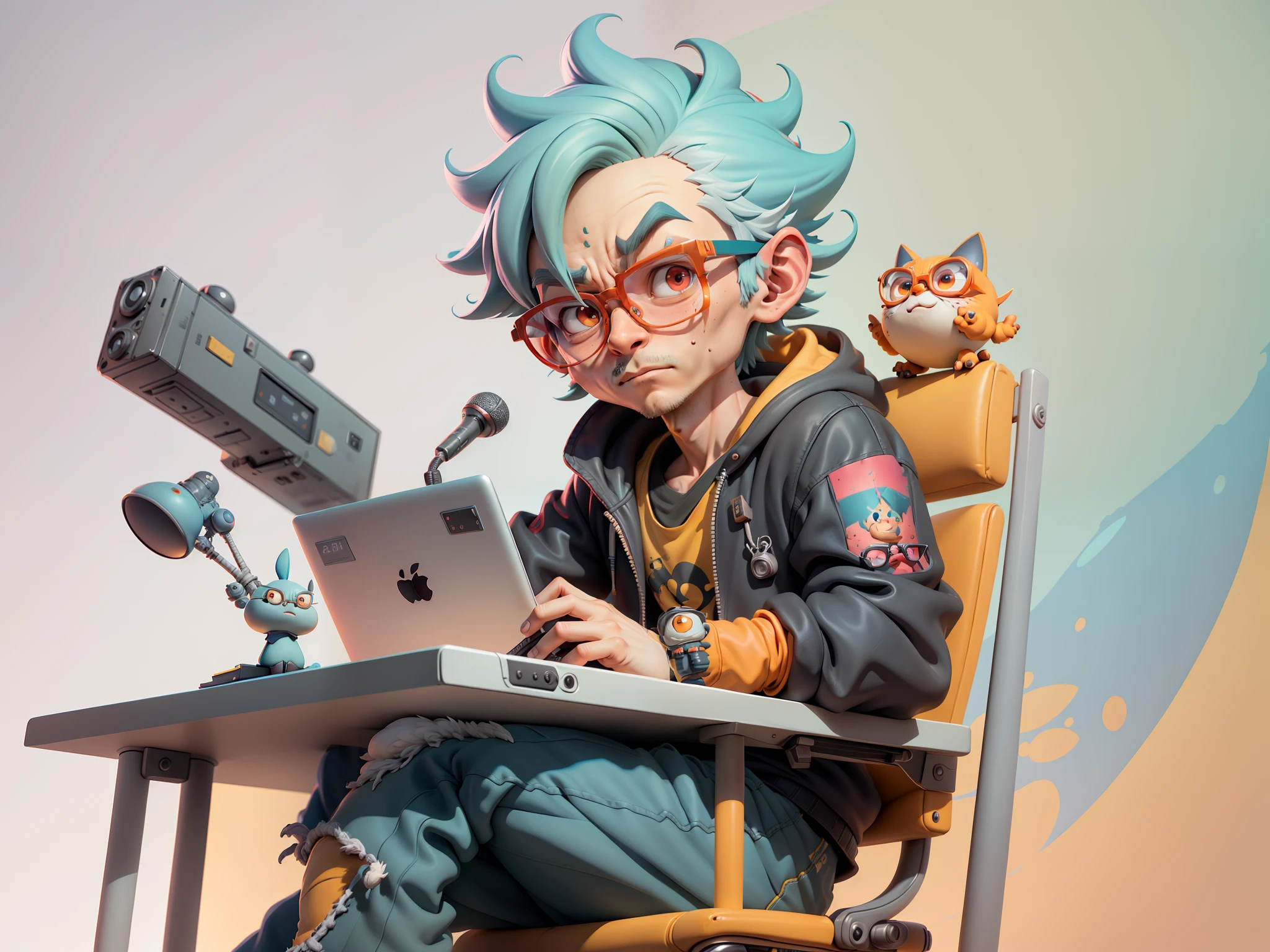 A young man with glasses sits at his desk,holding laptop,digitial painting,3D character design by Mark Clairen and Pixar and Hayao Miyazaki and Akira Toriyama,4K HD illustration,Very detailed facial features and cartoon-style visuals。