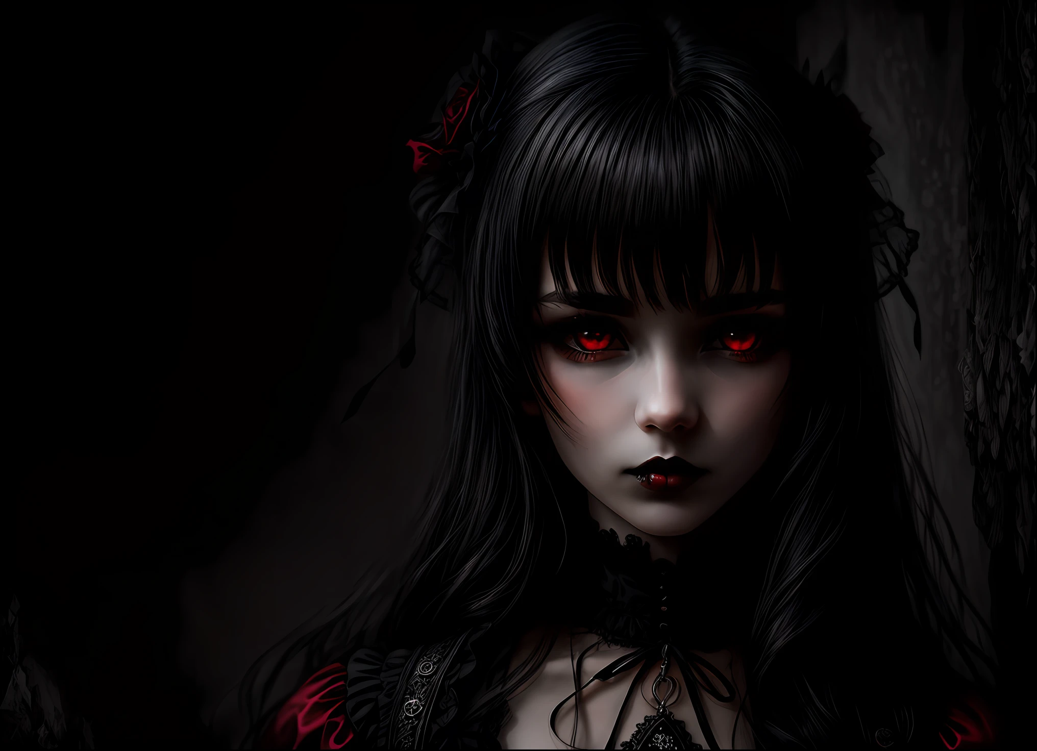 beautiful gothic vampire, red eyes, black hair, portrait, 17 years old, victorian style