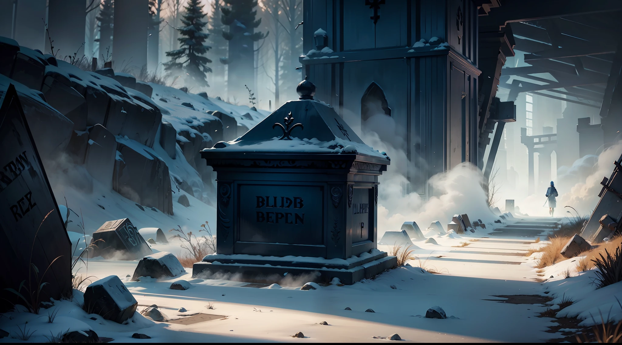 horror movie setting, TOMB WITH THE WORD RIP WRITTEN ON IT, WITH MIST AND BLUISH TONE