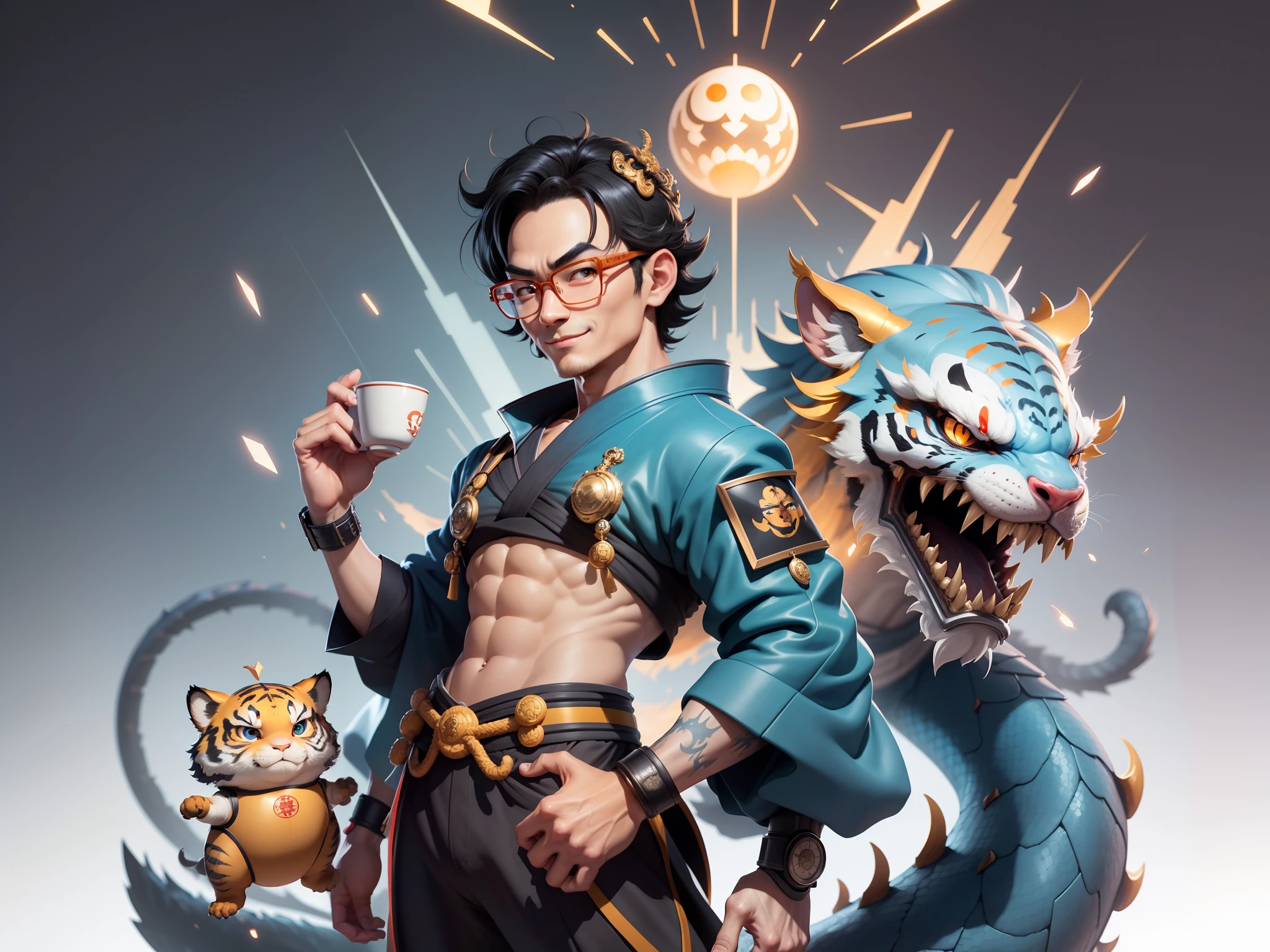 (Masterpiece), (Excellent), (Super Meticulous), (Full Body: 1.2), Super Young Man with Japanese Female Geisha, Pretty, Beautiful, Chinese Dragon, Tiger, Wind God Thor, Sexy, Bursting, Oriental Face, TV Anchor, Bust Portrait Illustration, Black Suit, Blue Tie, Slightly Chubby Face, Silver Glasses, Very Clean Face, No Beard on Chin, Black Super Short Hair, Black Eyes, Confident Smile, 3c Computer Sub-Products, iPad, iPhone, Digital Painting, 3D character design by Mark Clairedon and Pixar and Hayao Miyazaki and Akira Toriyama, the illustrations are HD illustrations in 4K resolution with highly detailed facial features and cartoon-style visuals.