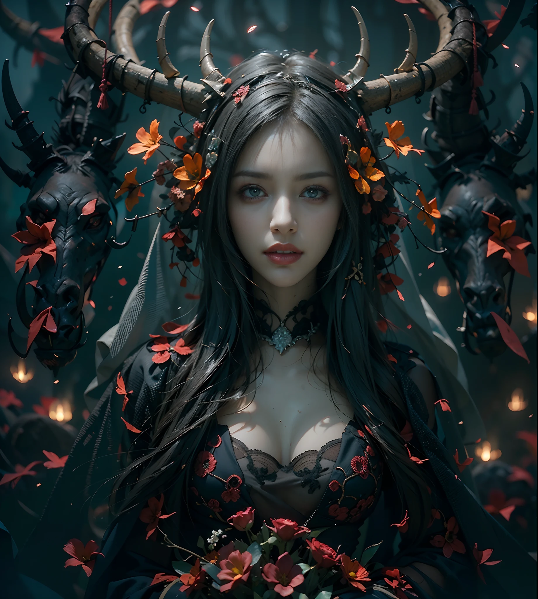 "独奏". cowboy shot, (Gray gloomy background, Dark Forest. Gloomy and hopeless, Dark dramatic lighting, vignette), Realistic eyes, beatiful face, 1A girl with a perfect body, Druid, with large deer antlers on the head, (The horns are fully visible in the frame:1.5). long straight hair, Flowers, Fireflies, entwined with branches, (She wears a veil with a hood), ((perfect anatomy)), generous cleavage, Upper torso, Head-to-waist shot, (glowing eyes), A surge of dark magic, gotik, Burnt orange gradient, Magic, Nature, Magic Splash, 3D vector graphics, Fantasy art, watercolor effect, bokeh, hand-drawn, Digital Painting, soft-lighting, isometric style, retro aesthetics, 4k resolution, с Cinema 4D, natural lighting, Cinematic, Masterpiece, Highly detailed, Intricate, Extreme textures, Horror, terrific, Creepy, Scarimok a sense of sophistication and tranquility. Accentuate the low-poly style, The overall aesthetic should be sleek and stylish, which makes it suitable for branding and logo.