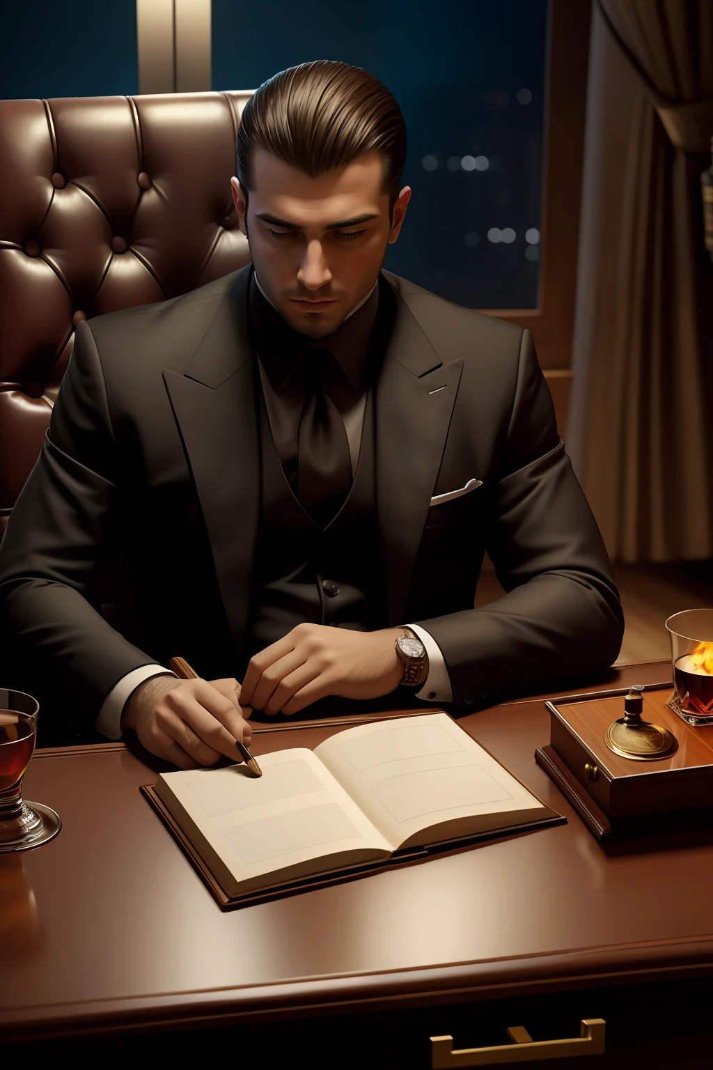 young mafia boss sitting comfortable in luxury chair at the desk. On the desk there is a diary page, a glass of whiskey and a smoldering cigar in an ashtray. Night, no light, dark background