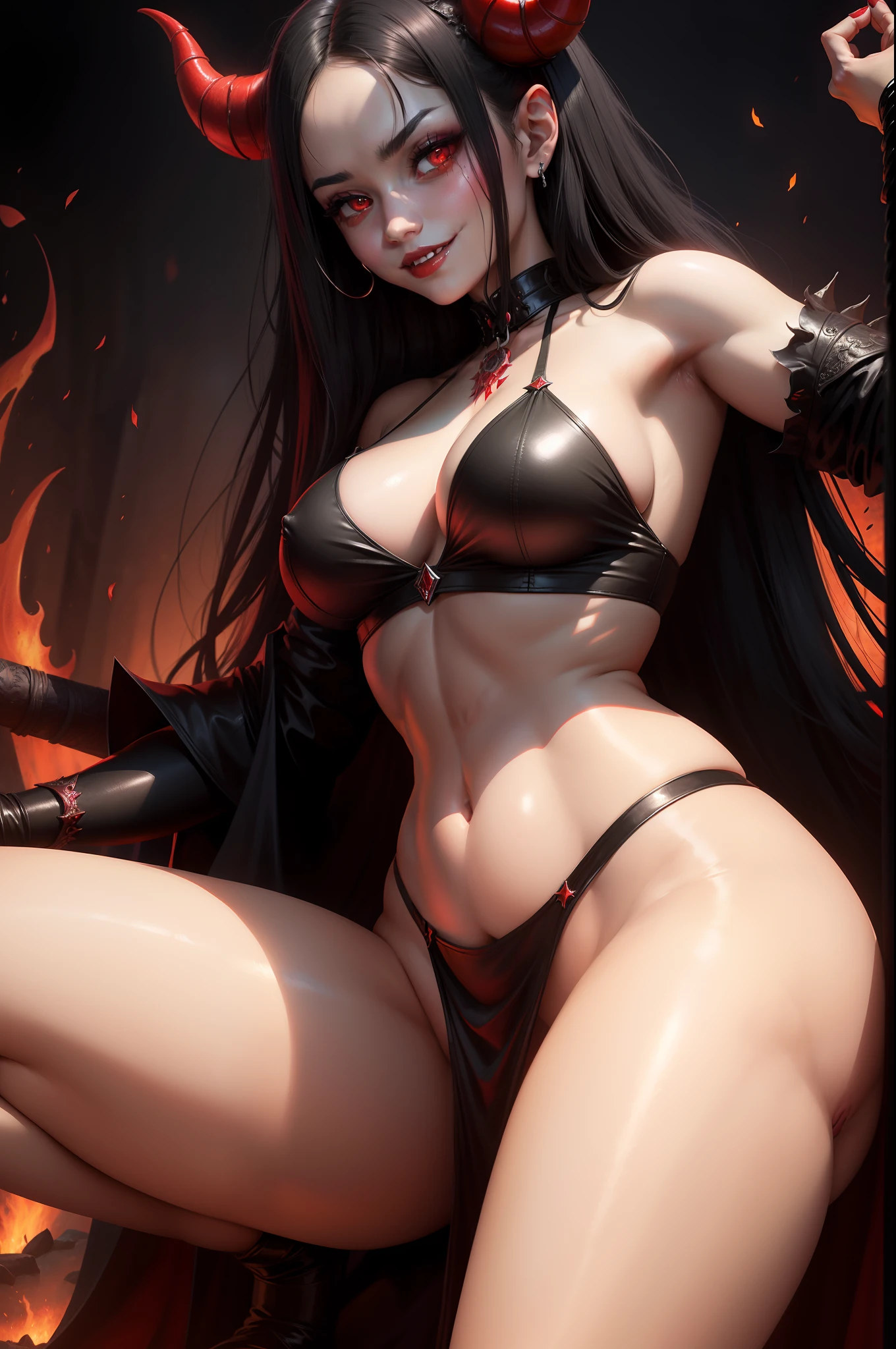 Hot Demon, Succubus, red skin, black eyes, evil smile, big boobs, big hips, small waist, black hair, hell background, lucifer