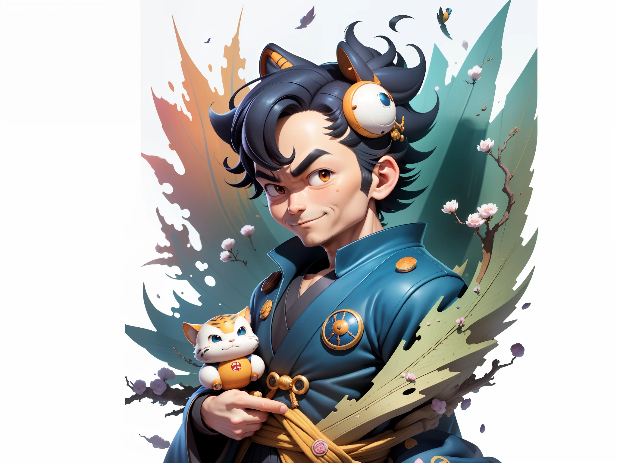 (Masterpiece), (Excellent), (Super Meticulous), (Full Body: 1.2), Super Young Man, Oriental Face, Japanese Kimono, Japanese Wind Thunder God, Dragon, Tiger, TV Anchor, Bust Portrait Illustration, Alone, Black Suit, Blue Tie, Slightly Chubby Face, Very Clean Face, No Beard, Black Super Short Hair, Black Eyes, Confident Smile, 3c Computer Sub-Products, iPad, iPhone, Digital Painting, 3D Character Design by Akira Toriyama and Mark Claireden and Pixar and Hayao Miyazaki, The illustration is a high-definition illustration in 4K resolution with very detailed facial features and cartoon-style visuals.
