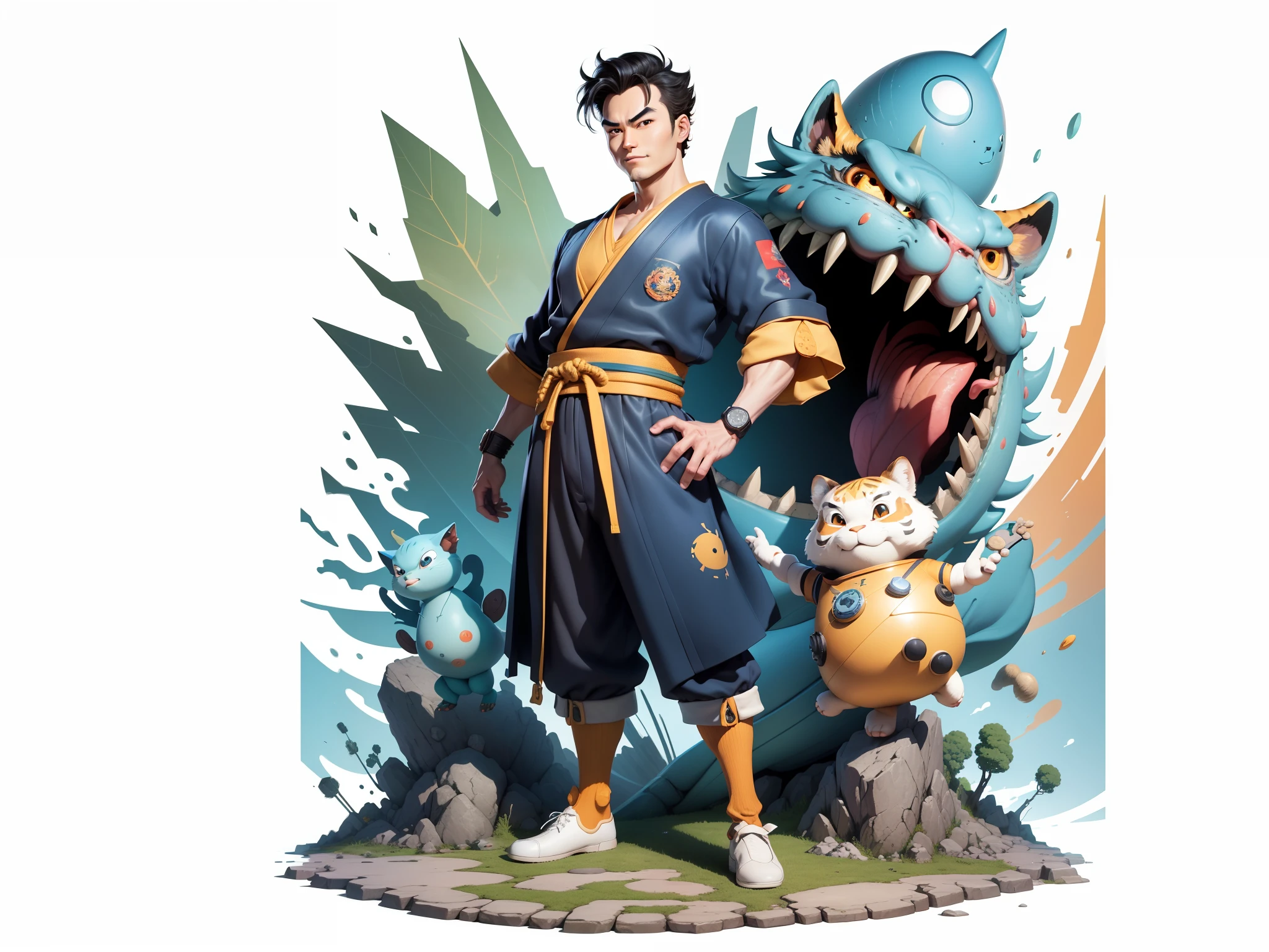 (Masterpiece), (Excellent), (Super Meticulous), (Full Body: 1.2), Super Young Man, Oriental Face, Japanese Kimono, Japanese Wind Thunder God, Dragon, Tiger, TV Anchor, Bust Portrait Illustration, Alone, Black Suit, Blue Tie, Slightly Chubby Face, Very Clean Face, No Beard, Black Super Short Hair, Black Eyes, Confident Smile, 3c Computer Sub-Products, iPad, iPhone, Digital Painting, 3D Character Design by Akira Toriyama and Mark Claireden and Pixar and Hayao Miyazaki, The illustration is a high-definition illustration in 4K resolution with very detailed facial features and cartoon-style visuals.
