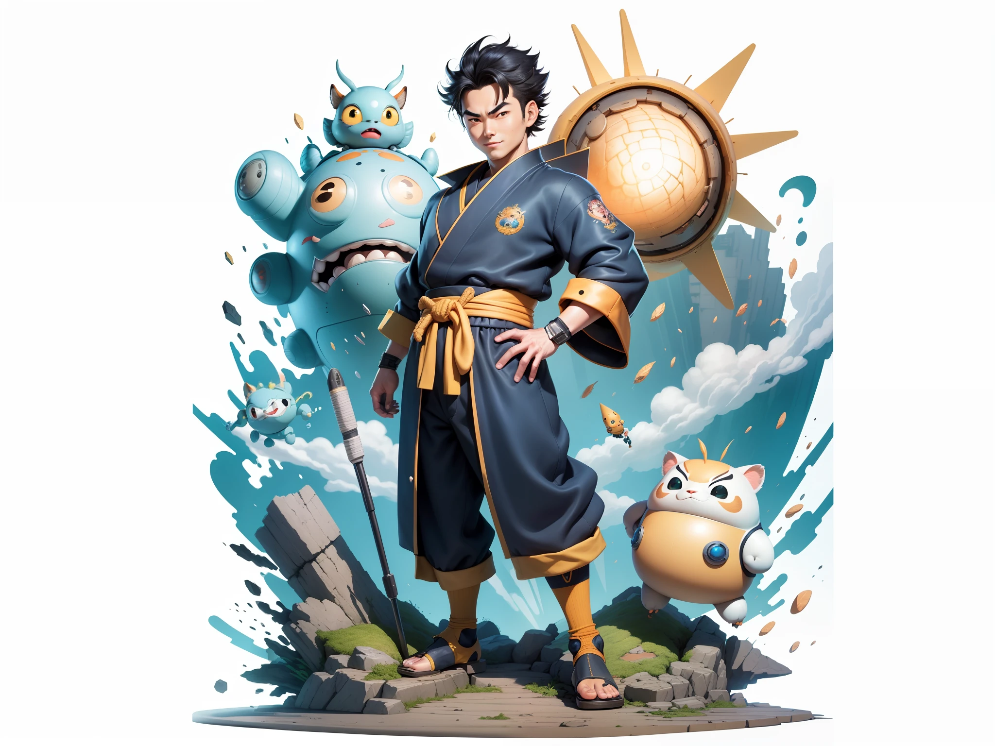 (Masterpiece), (Excellent), (Super Meticulous), (Full Body: 1.2), Super Young Man, Oriental Face, Japanese Kimono, Japanese Wind Thunder God, Dragon, Tiger, TV Anchor, Bust Portrait Illustration, Alone, Black Suit, Blue Tie, Slightly Chubby Face, Very Clean Face, No Beard, Black Super Short Hair, Black Eyes, Confident Smile, 3c Computer Sub-Products, iPad, iPhone, Digital Painting, 3D Character Design by Akira Toriyama and Mark Claireden and Pixar and Hayao Miyazaki, The illustration is a high-definition illustration in 4K resolution with very detailed facial features and cartoon-style visuals.