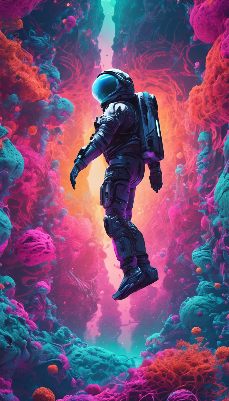 A cybernetic astronaut floats in a surreal landscape of neon fractals and bright glyph patterns.