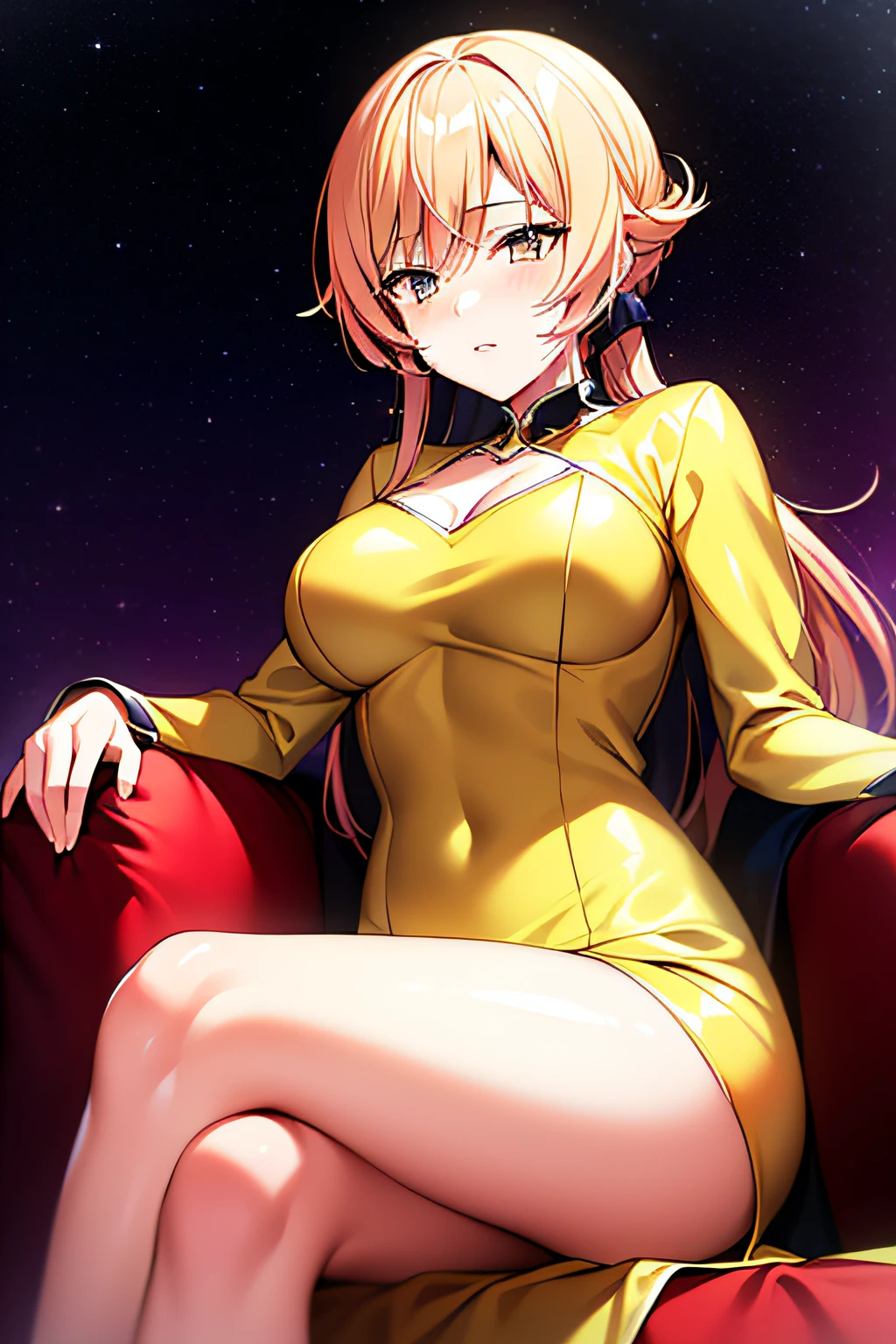 (((Best quality))), ((Ultra-detailed)), ((illustration)), ((Disheveled hair)), ((frilld)), (1 girl),(Solo),1girl, +_+, aurora, constellation, couch, crossed_legs, diffraction_spikes, fireworks, galaxy, glint, head_rest, lens_flare, light_particles, light_rays, milky_way, night, night_sky, planet, red_background, shooting_star, sitting, sky, space, space_craft, sparkle_background, sparks, spotlight, stage_lights, sun, throne, rating:safe, crossing_leges, (yellow_dress:1.4),