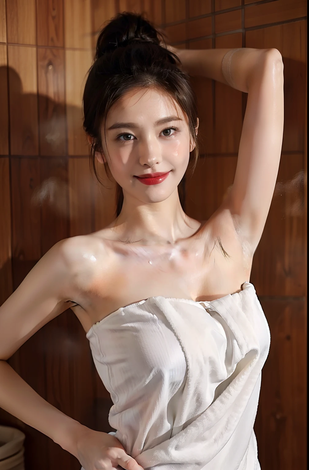 ((armpit pose、Armpit、Raise your hands to show your armpits、is looking at the camera、A smile、Naked strapless bath towel、Steam in the sauna room、Photograph the whole body、Naked only with a strapless towel、Sweaty glowing skin、Detailed armpit wrinkles、13years、Naked strapless bath towel、gazing at viewer、A slight smil、Beautiful high-definition skin texture))、(A hyper-realistic、I can see the cleavage), (illustratio), (high-detail), (8K), (high-detail), (The best illustrations), (beatiful detailed eyes), (top-quality), (ultra-detailliert), (Master masterpiece), (wall-paper), (详细的脸),full of sweat,full body closeup,hairarmpits,high-ponytail Hairstyle、red lipsticks、,White Strapless Bath Towel、one girls,Sweaty high ponytail hairstyle ((Brown High Ponytail Hairstyle、steam、sauna、full of sweat))、japanes,