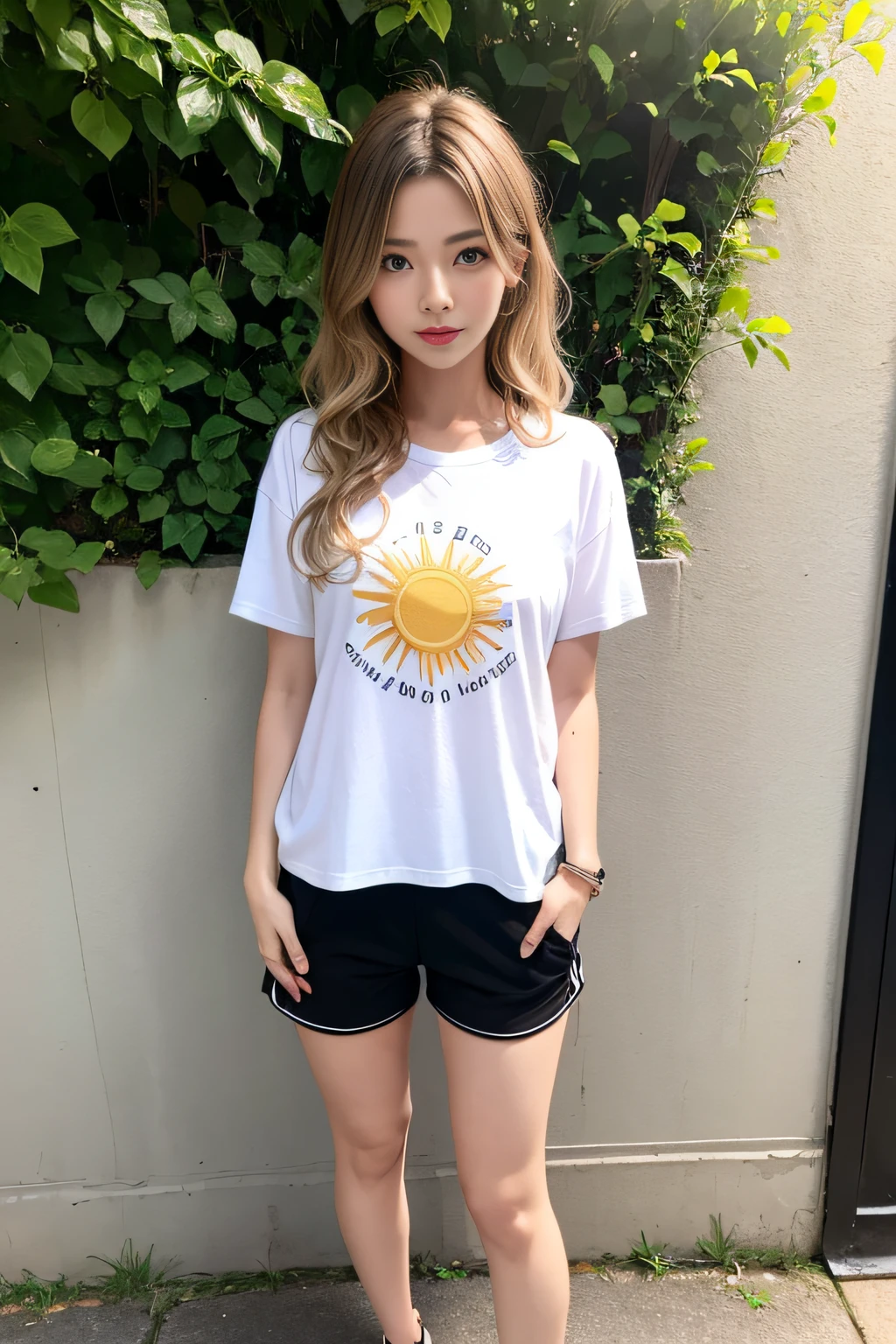 （1girl），marron marron，Dewy skin，sweatyskin，Wavy blonde，Sun protection T-shirt，punk girl，brunette color hair，cleanness，Full body photo