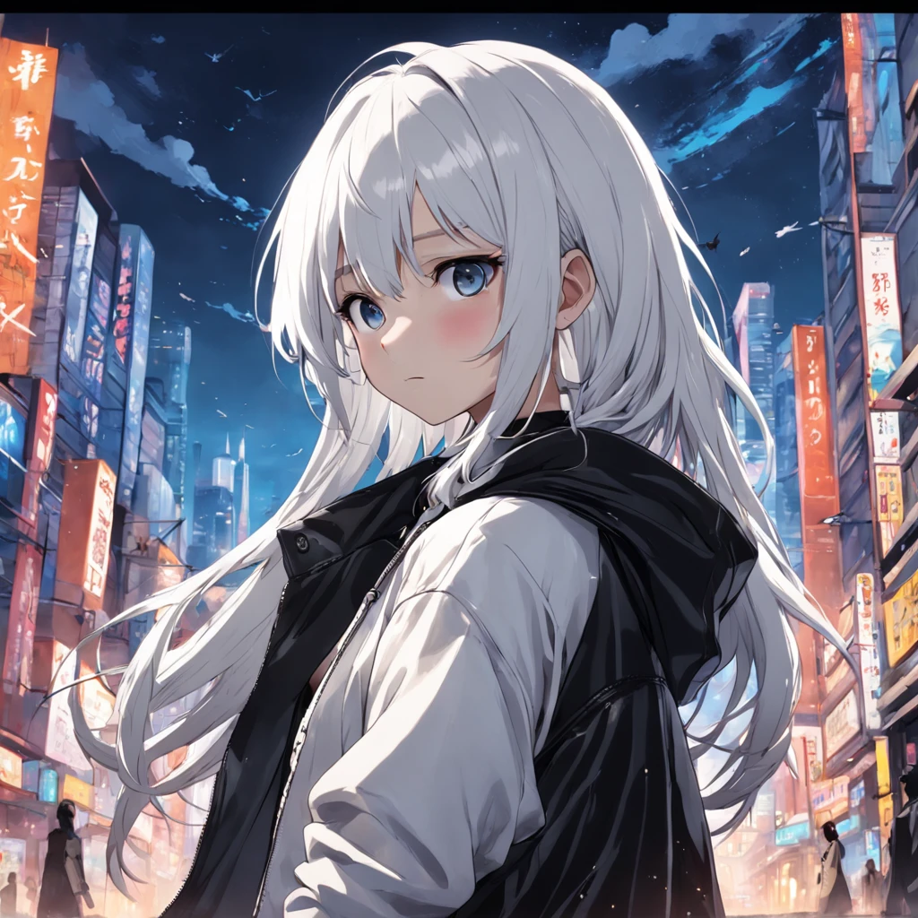 Masterpiece, Best Quality, ultra detail, A  girl, white colored hair, shingle, black long jacket, white tshirt, black leather pants, against the backdrop of the city, Simple background