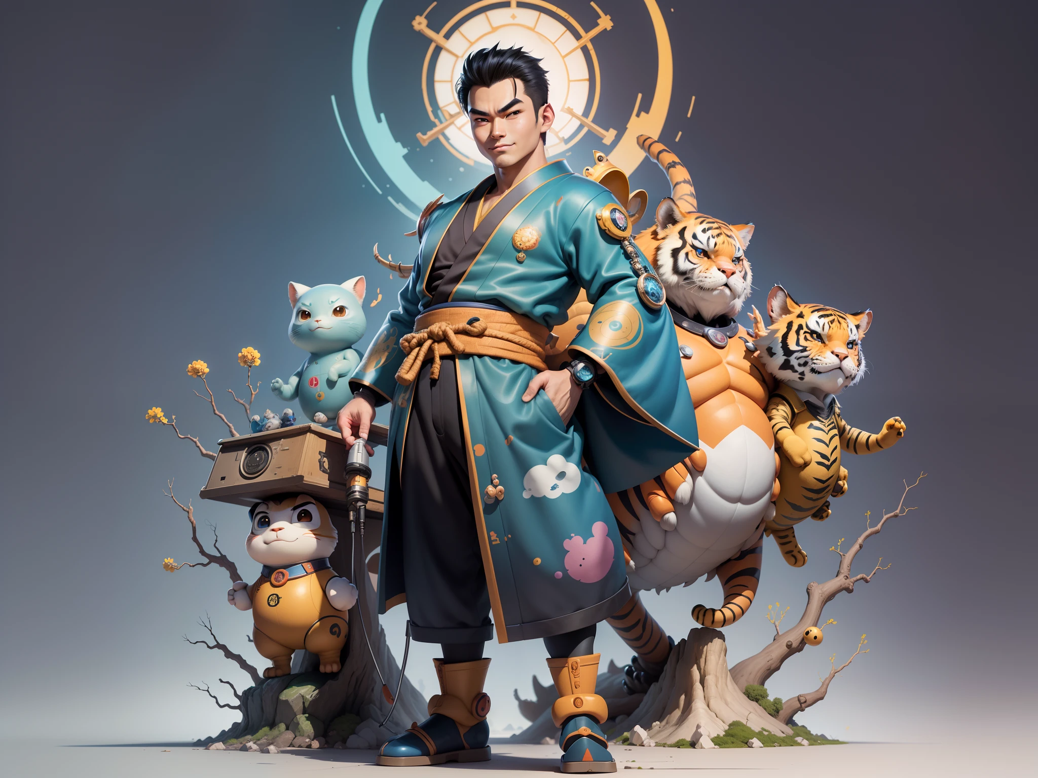 (Masterpiece), (Excellent), (Super Meticulous), (Full Body: 1.2), Super Young Man, Oriental Face, Japanese Kimono, Japanese Wind Thunder God, Dragon, Tiger, TV Anchor, Bust Portrait Illustration, Alone, Black Suit, Blue Tie, Slightly Chubby Face, Very Clean Face, No Beard, Black Super Short Hair, Black Eyes, Confident Smile, 3c Computer Sub-Products, iPad, iPhone, Digital Painting, 3D Character Design by Akira Toriyama and Mark Claireden and Pixar and Hayao Miyazaki, The illustration is a high-definition illustration in 4K resolution with very detailed facial features and cartoon-style visuals.