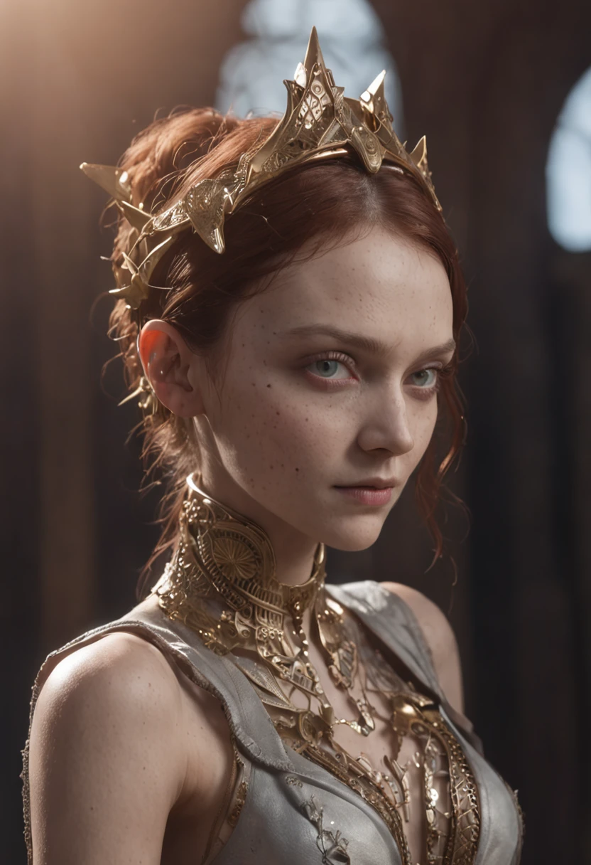 (8k, ARTISTIC photography, best quality, masterpiece: 1.2), (realistic, photorealistic: 1.37) 1 Mechanical Girl (((Lily Cole))) , (Ultra-realistic detail)), portrait, global illumination, shadows, octane rendering, 8K, ultra sharp, big, cleavage exposed raw skin, metal, intricate ornament details, cold colors, Egyptian details, very intricate details, realistic light, CGSoation trend, purple eyes, glowing eyes, facing the camera, neon details, mechanical limbs, blood vessels connected to tubes, mechanical vertebrae attached to the back, mechanical cervical attachment to the neck, sitting, wires and cables connecting to the head, Evangelion, small LED lamp,