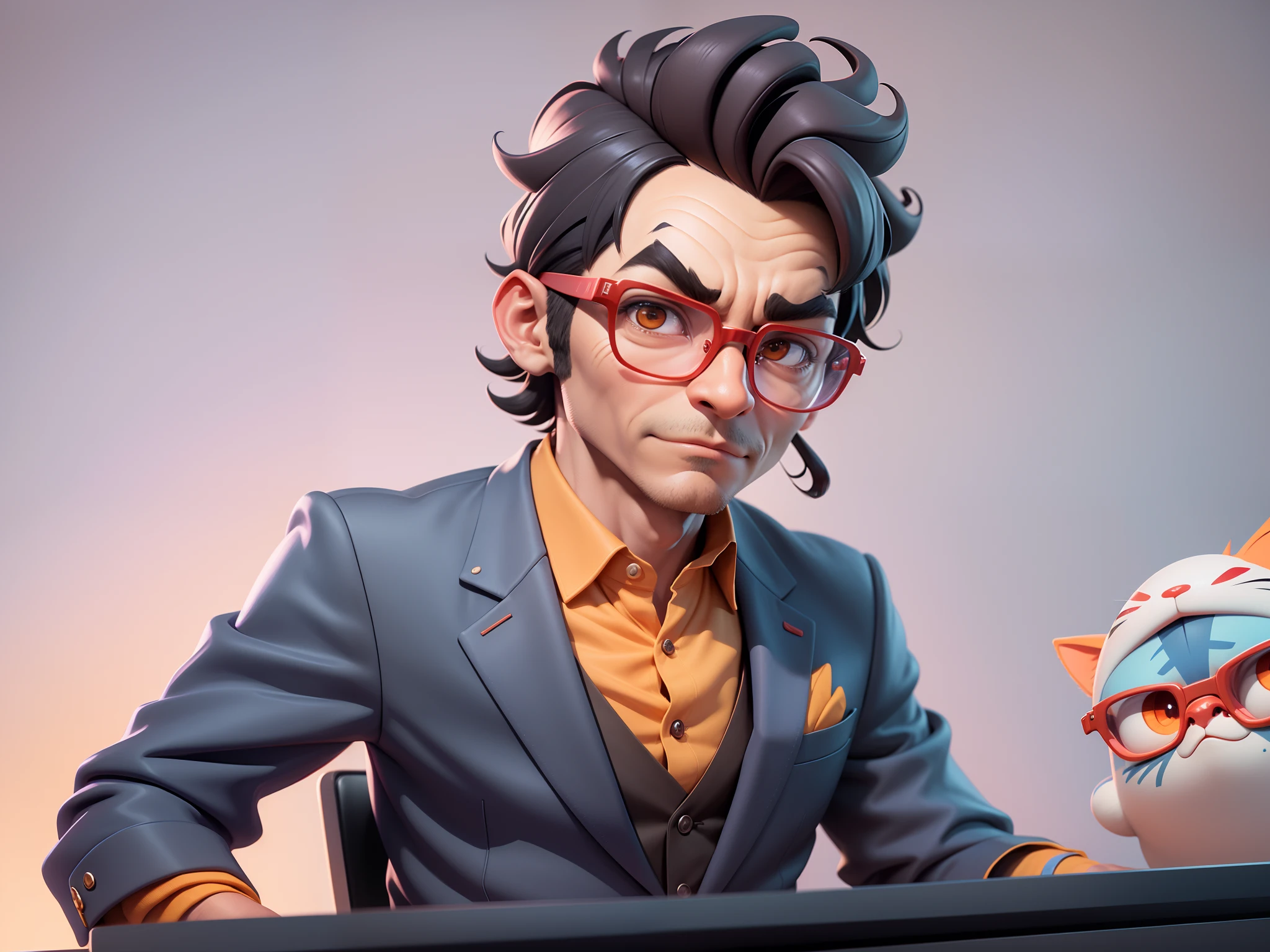 A young man in a suit, Short hair and glasses sat at his desk，holding laptop，digitial painting，tigre，3D character design by Mark Clairen and Pixar and Hayao Miyazaki and Akira Toriyama，4K HD illustration，Very detailed facial features and cartoon-style visuals。