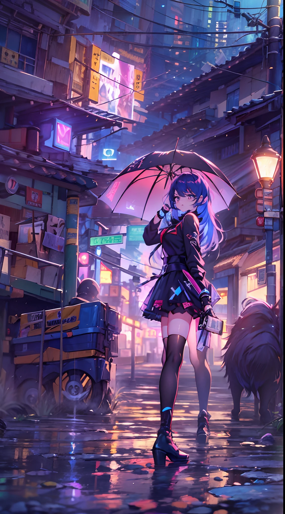 Noite, Fundo colorido da cidade cyberpunk, chuva, menina de rua, seele,honkai impact,, olhos azuis, olhos brilhantes, Meias pretas, retroiluminado, brilhar, Surveying the audience, Low angle lens, olhando para cima lente, perfect composition, delicadeza perfeita de luz e sombra, 8k