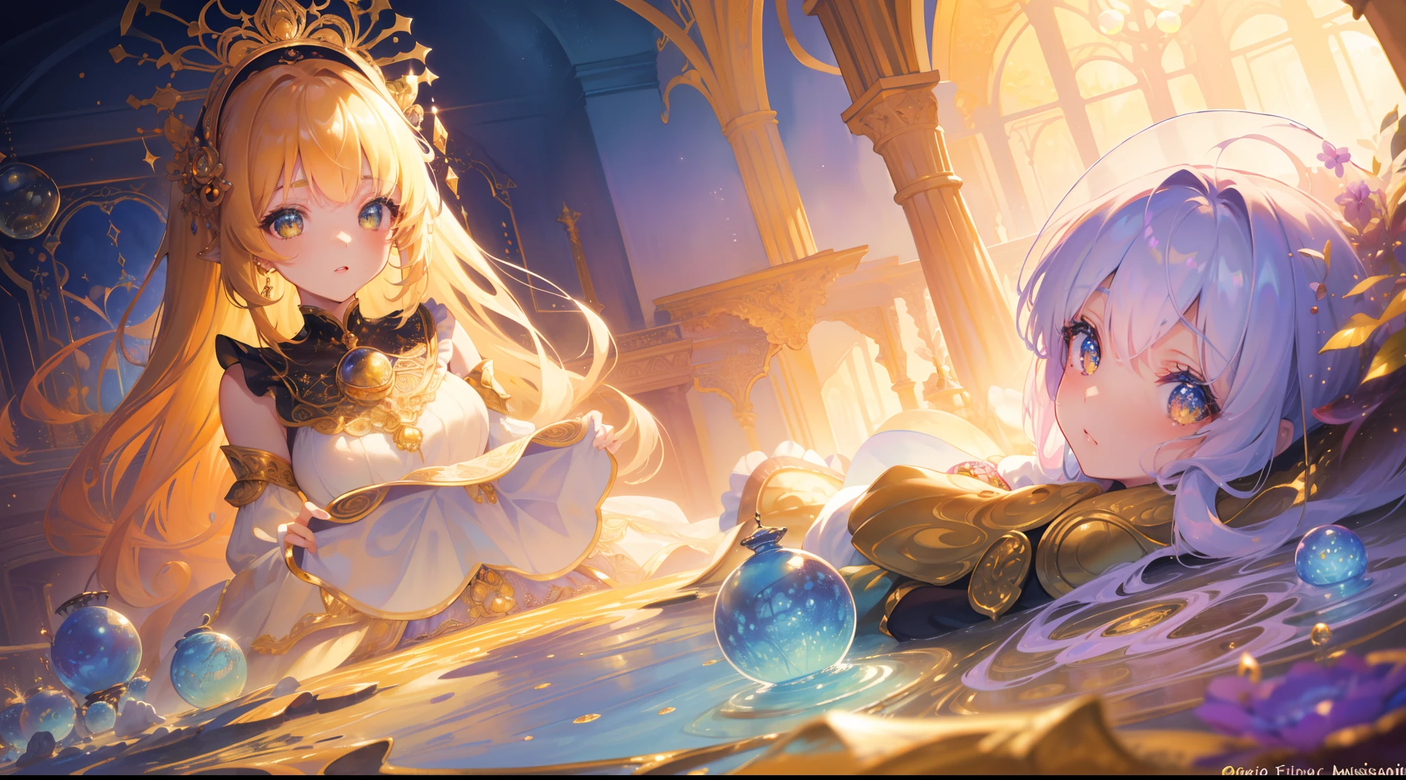 masterpiece, best quality, 8k resolution, sharp focus, intricate detail, beautiful girls, multiple girls, duo, trio, sparkling eyes, golden ratio face, otherworldly liquid, watercolor, warm colors, bright colors, whimsical, colorful, sharp focus, high resolution, fine detail, ((layered tiered puffy long sleeves ballgown)), ((round eyes)), iridescent bubbles, fantasia background