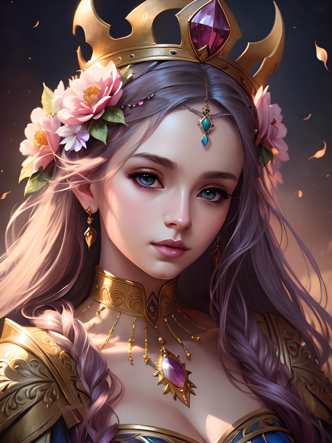 Woman with a crown of flowers on her head, beautiful fantasy art portrait, beautiful fantasy portrait, Detailed matte fantasy portrait, beautiful fantasy art, fantasy art portrait, 4k fantasy art, fantasy style art, fantasy portrait art, detailed fantasy art, very beautiful fantasy art, fantasy portrait, a stunning portrait of a goddess, hd fantasy art, detailed fantasy digital art