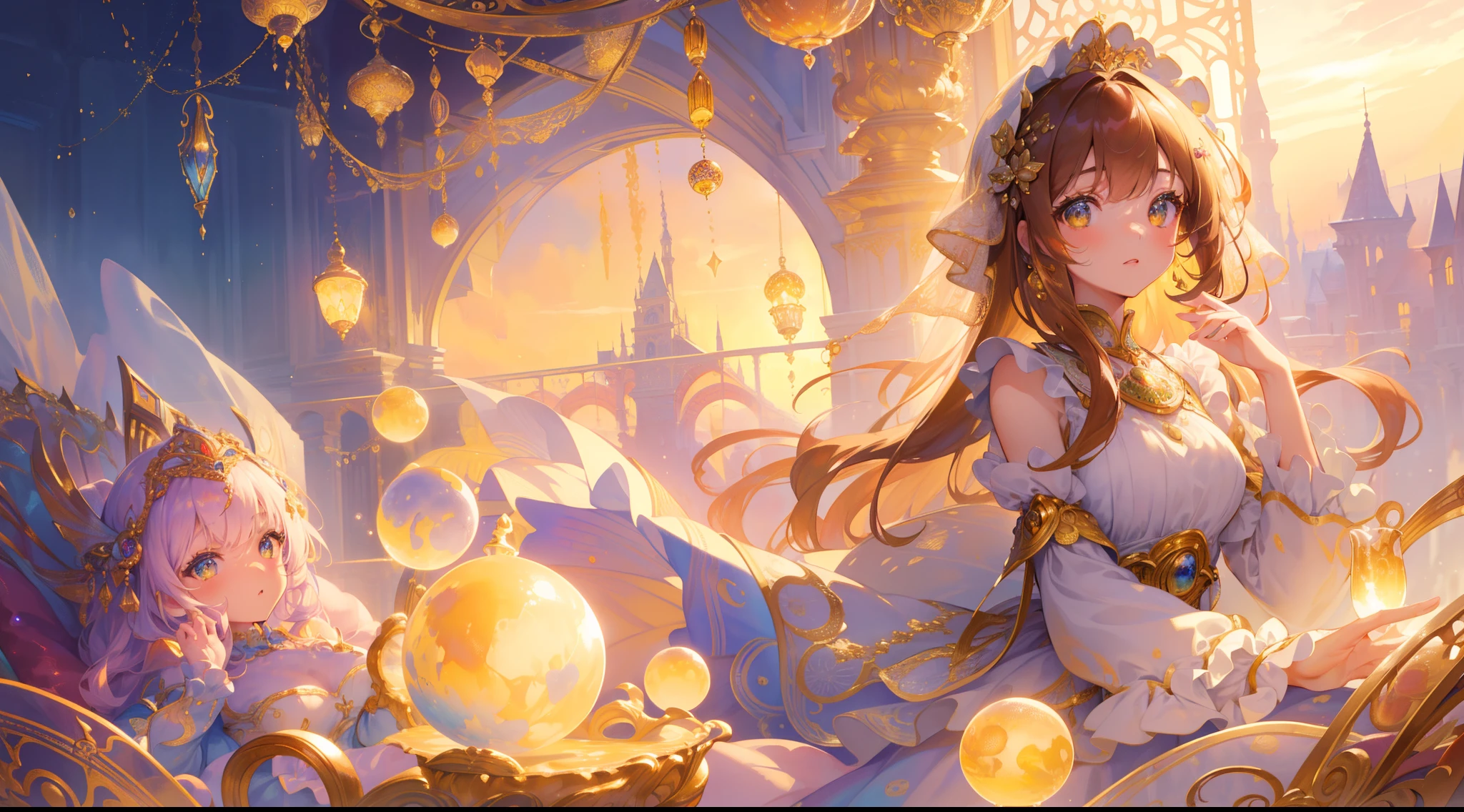 masterpiece, best quality, 8k resolution, sharp focus, intricate detail, beautiful girls, multiple girls, duo, trio, sparkling eyes, golden ratio face, otherworldly liquid, watercolor, warm colors, bright colors, whimsical, colorful, sharp focus, high resolution, fine detail, ((layered tiered puffy long sleeves ballgown)), ((round eyes)), iridescent bubbles, fantasia background