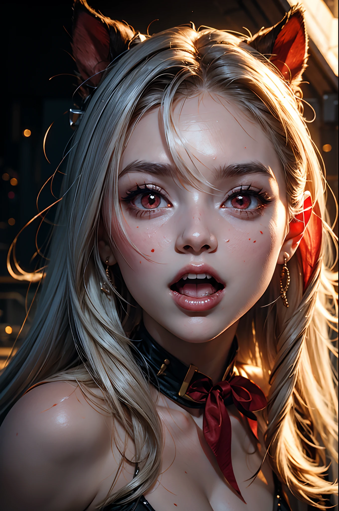 of a real，Perfect facial features，Realistic skin texture，Cute baby vampire girl，closeup cleavage，head portrait，with her mouth open，（See the throat：1.4），Blood-red eyes，（long canine teeth：1.4），There is blood on the teeth，long whitr hair，（blood stains at the corners of the mouth：1.4），Blood，depth of fields，dynamic blur，high light，Real light，Ray traching，oc rendered，Hyper-realistic，best qualtiy，8K，Works of masters，super-fine，Detailed pubic hair，Correct anatomy，sharp focus on eyes，Bokeh，Facial features are carefully depicted