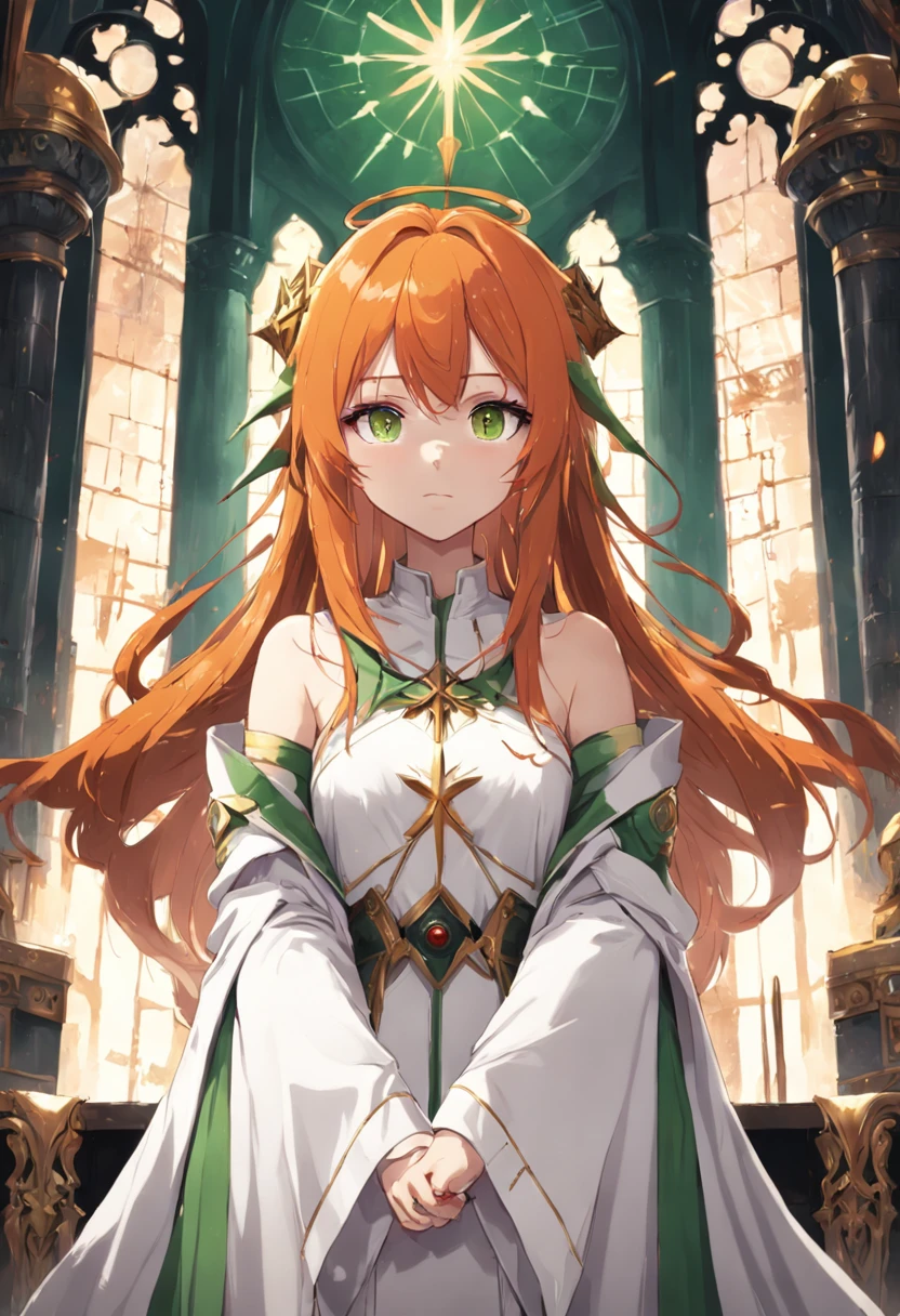 1female, girl, orange hair, green eyes, throne room background, white robes, red cross