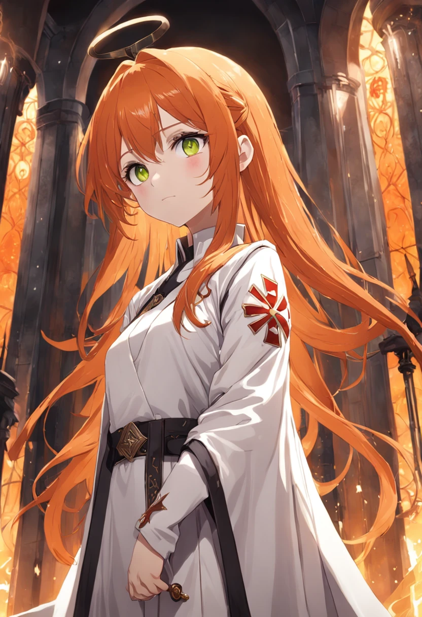 1female, girl, orange hair, green eyes, throne room background, white robes, red cross