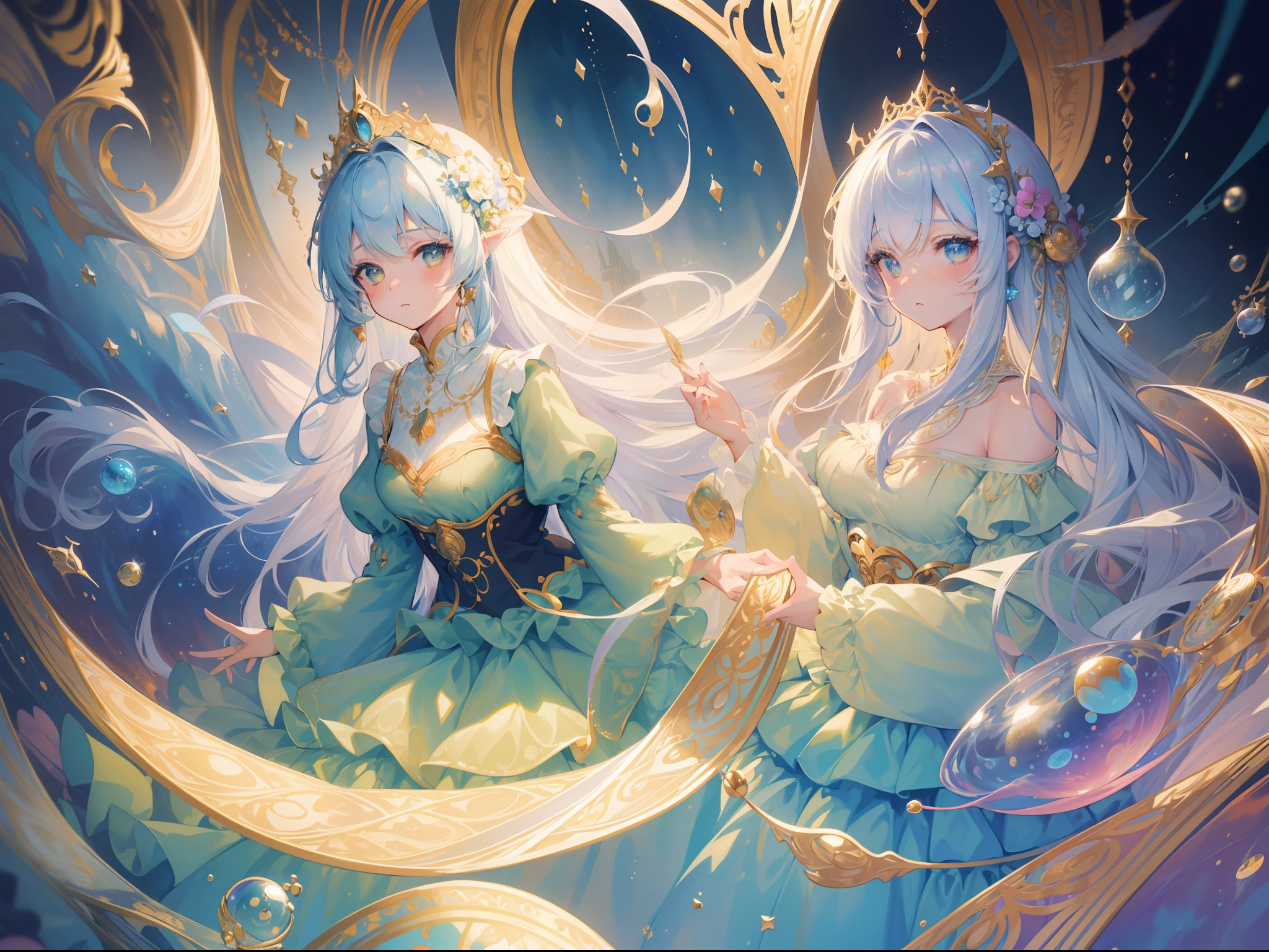 masterpiece, best quality, 8k resolution, sharp focus, intricate detail, beautiful girls, multiple girls, duo, trio, sparkling eyes, golden ratio face, otherworldly liquid, watercolor, cool colors, bright colors, whimsical, colorful, sharp focus, high resolution, fine detail, ((layered tiered puffy long sleeves ballgown)), ((round eyes)), iridescent bubbles, fantasia background