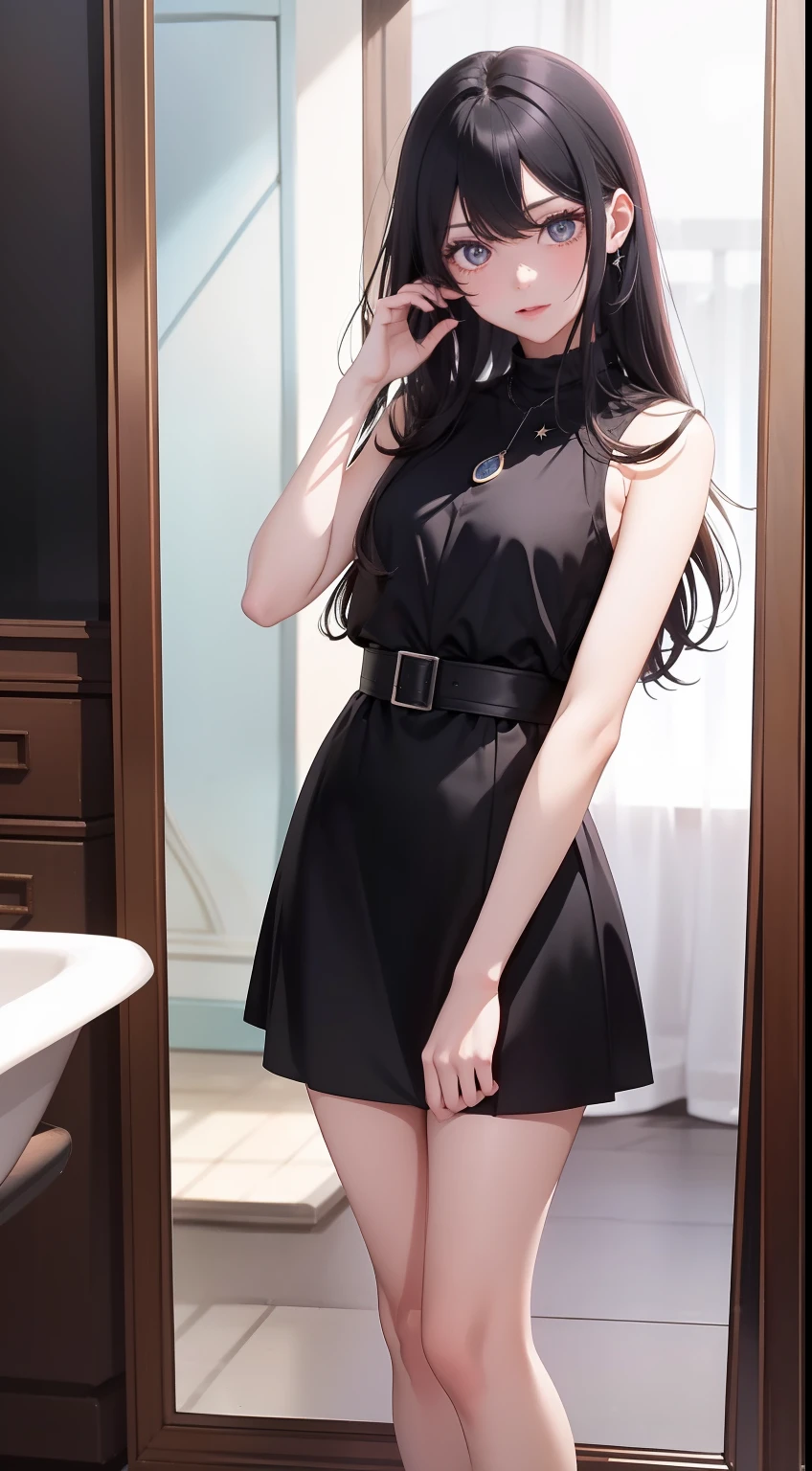 one-girl，In front of the mirror in the room，She wears an elegant retro little black dress，Under your feet is a pair of small black and fashionable leather shoes。Height and thin legs，On his slender neck，He wears a star stone pendant in the shape of a phoenix。Her face is beautiful，Gorgeous，The eyes are gloomy，Like a deep pool, People have endless reveries；The lips are red and the teeth are white，Delicate skin，Meticulous black hair brushed behind her ears，It makes her feel more noble and charming。
