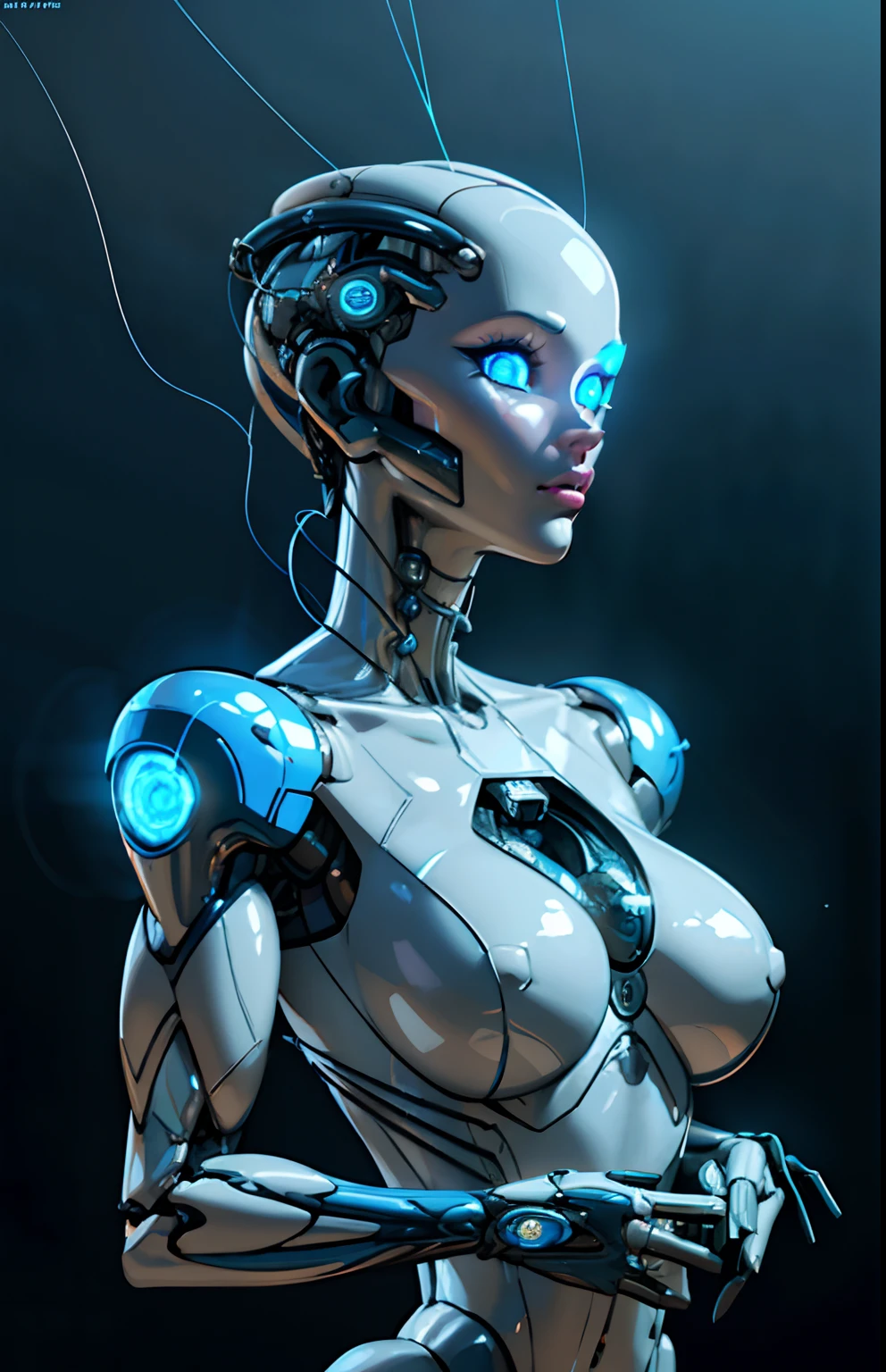 complex 3d render ultra detailed of a beautiful porcelain profile woman android face, cyborg, robotic parts, 150 mm, beautiful studio soft light, rim light, vibrant details, luxurious cyberpunk, lace, ((glowing blue eyes:1.5)), hyperrealistic, anatomical, facial muscles, cable electric wires, microchip, elegant, beautiful background, octane render, H. R. Giger style, 8k, best quality, masterpiece, illustration, an extremely delicate and beautiful, extremely detailed ,CG ,unity ,wallpaper, (realistic, photo-realistic:1.37),Amazing, finely detail, masterpiece,best quality,official art, extremely detailed CG unity 8k wallpaper, absurdres, incredibly absurdres, robot, silver halmet, full body