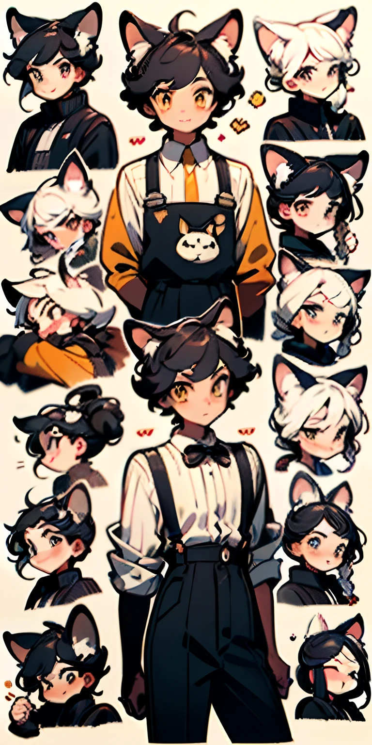 1 boy,9,9 emoji packs,9 poses and expressions,Disney style,Black strokes,Different emotions,8K,19-year-old youth,Cat-eared boy,White cat-eared teenager,Yellow eyes,White cat ears,Curious demeanor,short black curly hair,The shirt,Suspenders,Small leather shoes,A happy expression