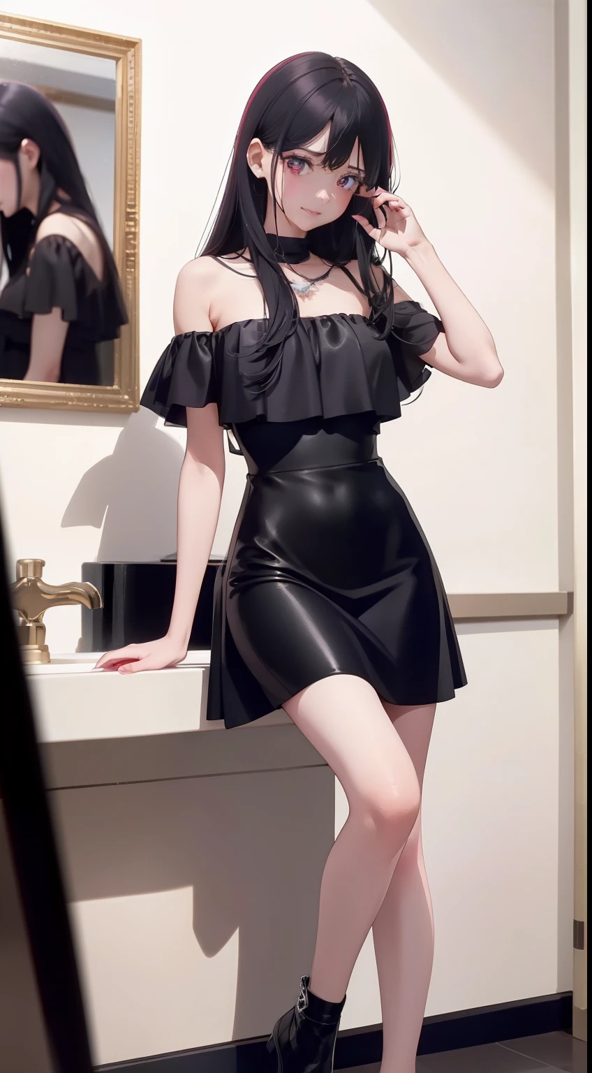 one-girl,In front of the mirror in the room,She wears an elegant retro little black dress,Under your feet is a pair of small black and fashionable leather shoes。Height and thin legs,On his slender neck,He wears a star stone pendant in the shape of a phoenix。Her face is beautiful,Gorgeous,The eyes are gloomy,Like a deep pool, People have endless reveries;The lips are red and the teeth are white,Delicate skin,Meticulous black hair brushed behind her ears,It makes her feel more noble and charming。
