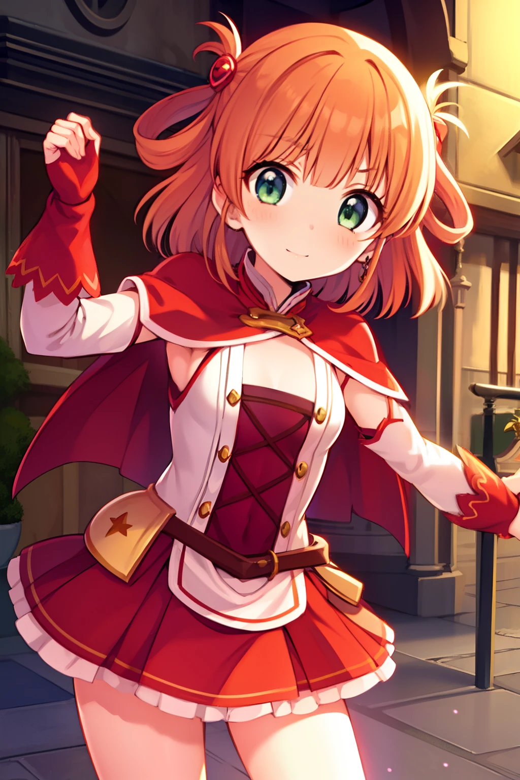 Ring hair, orange hair, light green eyes, red skirt, red small cape, young girl, slender, cute, high quality