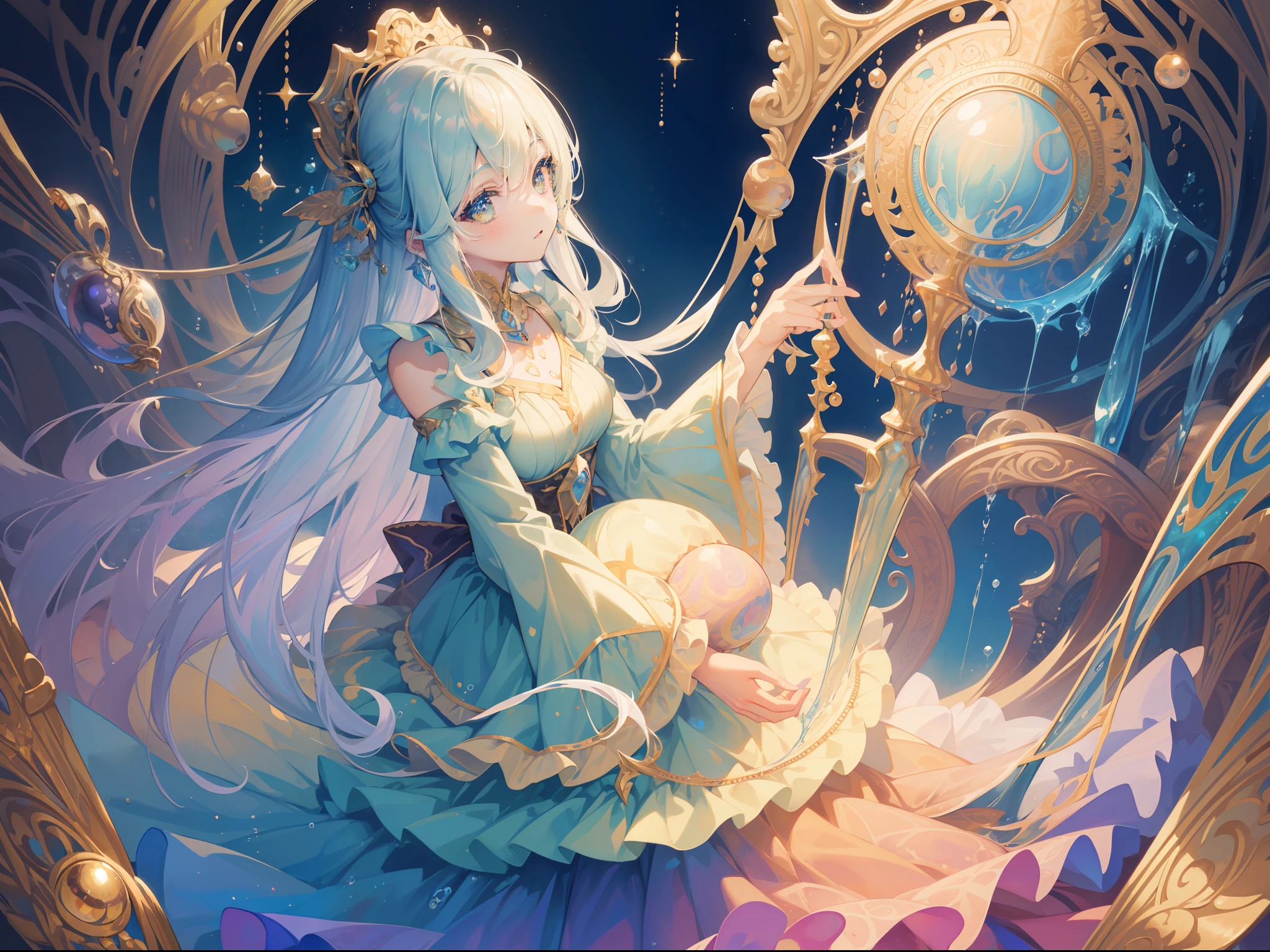 masterpiece, best quality, 8k resolution, sharp focus, intricate detail, beautiful girls, multiple girls, duo, trio, sparkling eyes, golden ratio face, otherworldly liquid, watercolor, cool colors, bright colors, whimsical, colorful, sharp focus, high resolution, fine detail, ((layered tiered puffy long sleeves ballgown)), ((round eyes)), iridescent bubbles, fantasia background