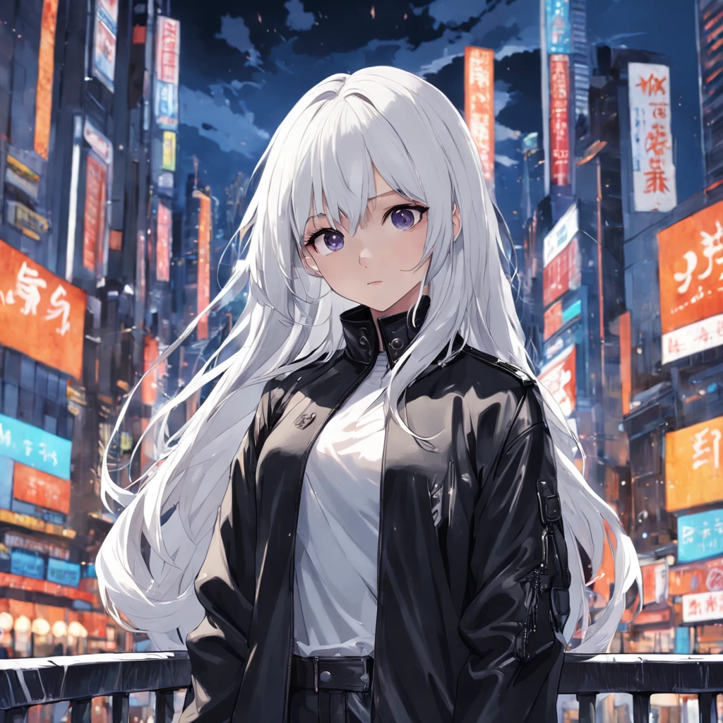 Masterpiece, Best Quality, ultra detail, A girl, white colored hair, shingle, Black Long Jacket, white tshirt, black leather pants, turned to face the viewer, against the backdrop of the city, Simple background