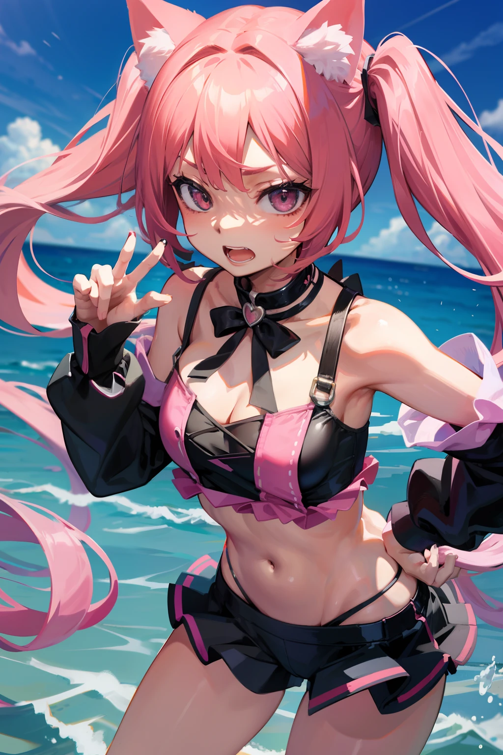 masterpiece,highest quality,Valley Haze,cute,beautiful hair,beautiful bust,beautiful hips,hot limit costume,Healthy bare skin,big breasts,well-shaped chest,Sea stage,sing with a smile,１girl girl,gold pinkcolor,twintailshair,cute,coastal,Midsummer blue sky,enjoy,