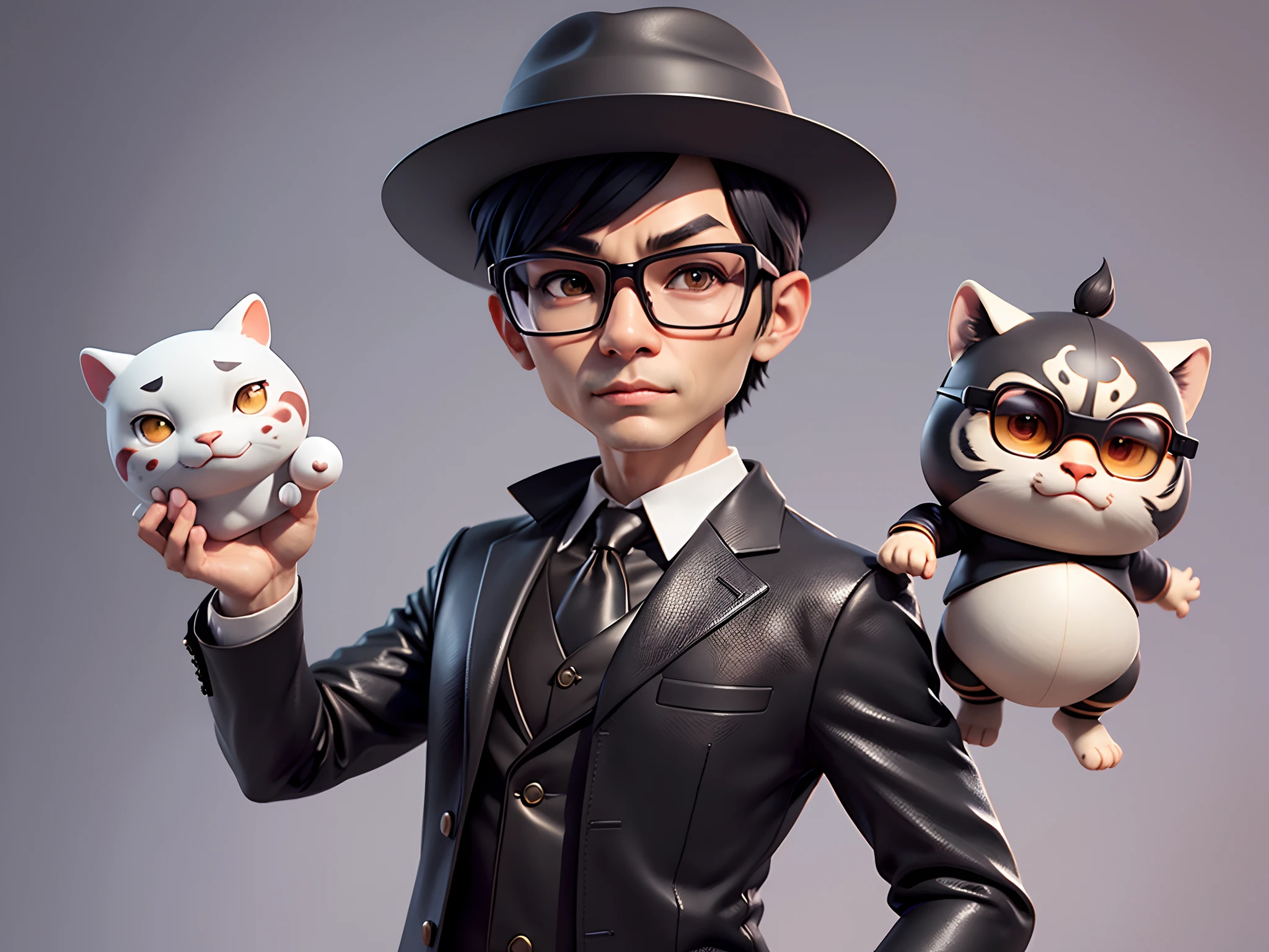 Young man with oriental face in leather hat, tiger, oriental face in formal suit, short black hair, silver glasses, digital painting, 3D character design by Mark Clairedon and Pixar and Hayao Miyazaki and Akira Toriyama, the illustration is a high-definition illustration in 4K resolution with very detailed facial features and cartoon-style visuals.