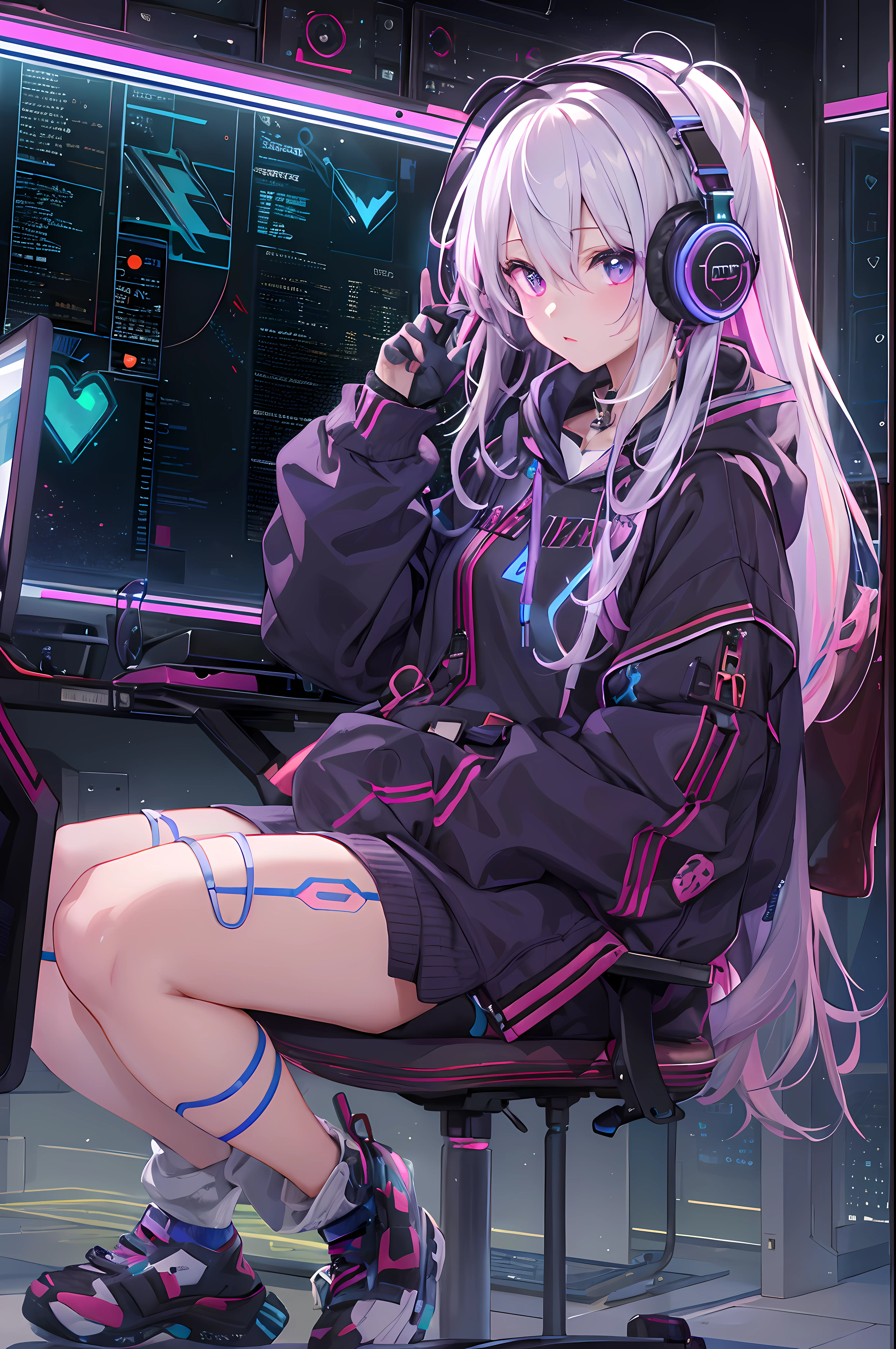 (masterpiece:1.5, intricate details:1.3), gamer, girl(mikuhatune)++, headphones, hoodie, long hair, white hair, neon pink, bedroom, desk, chair, computer, dystopican, space, futuristic, neon glow, dark city, dark room, heart computer, neon heart, neon purple, neon green, video games, one girl, one character, pastel, pink lights