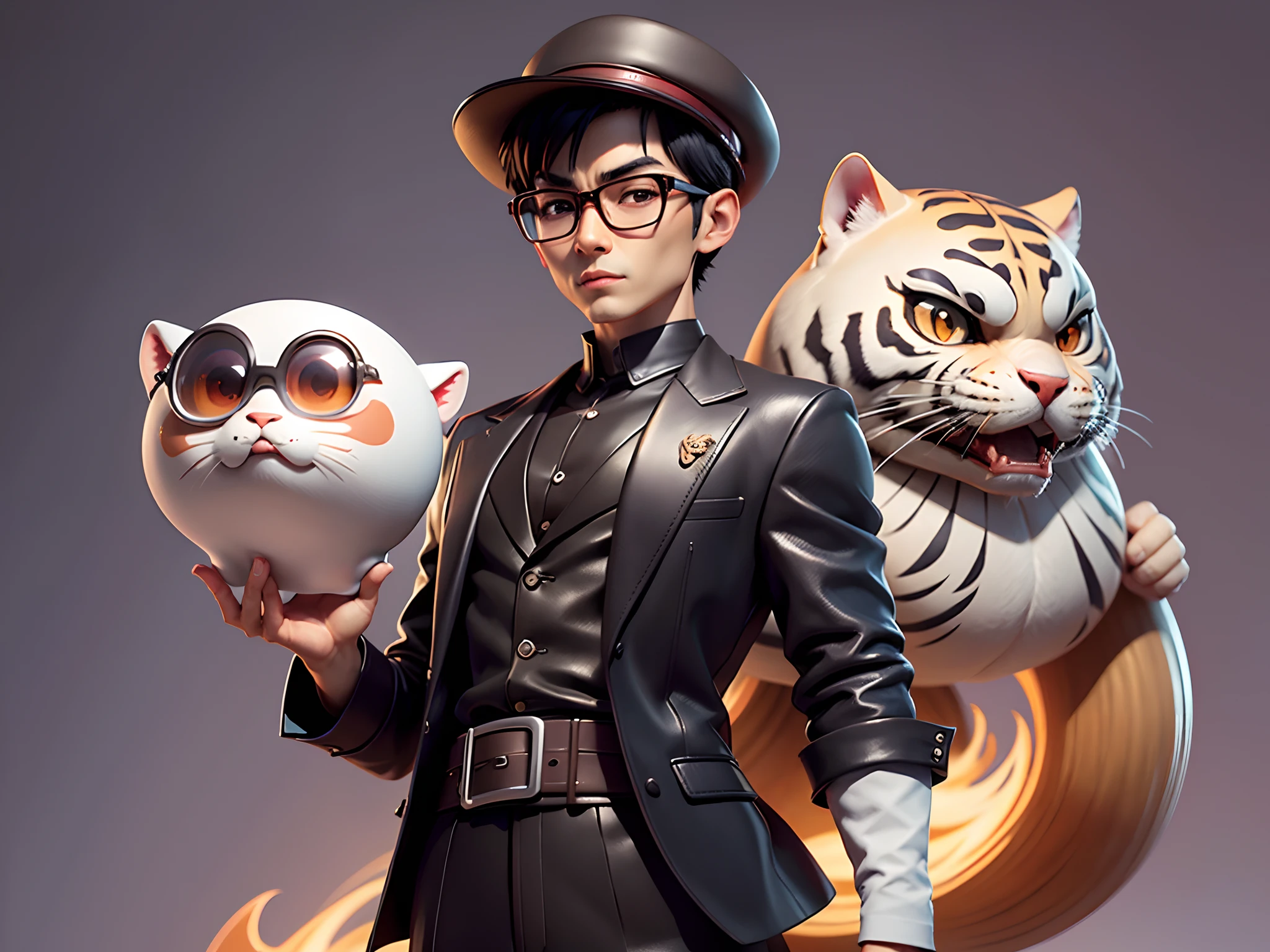 Young man with oriental face in leather hat, tiger, oriental face in formal suit, short black hair, silver glasses, digital painting, 3D character design by Mark Clairedon and Pixar and Hayao Miyazaki and Akira Toriyama, the illustration is a high-definition illustration in 4K resolution with very detailed facial features and cartoon-style visuals.