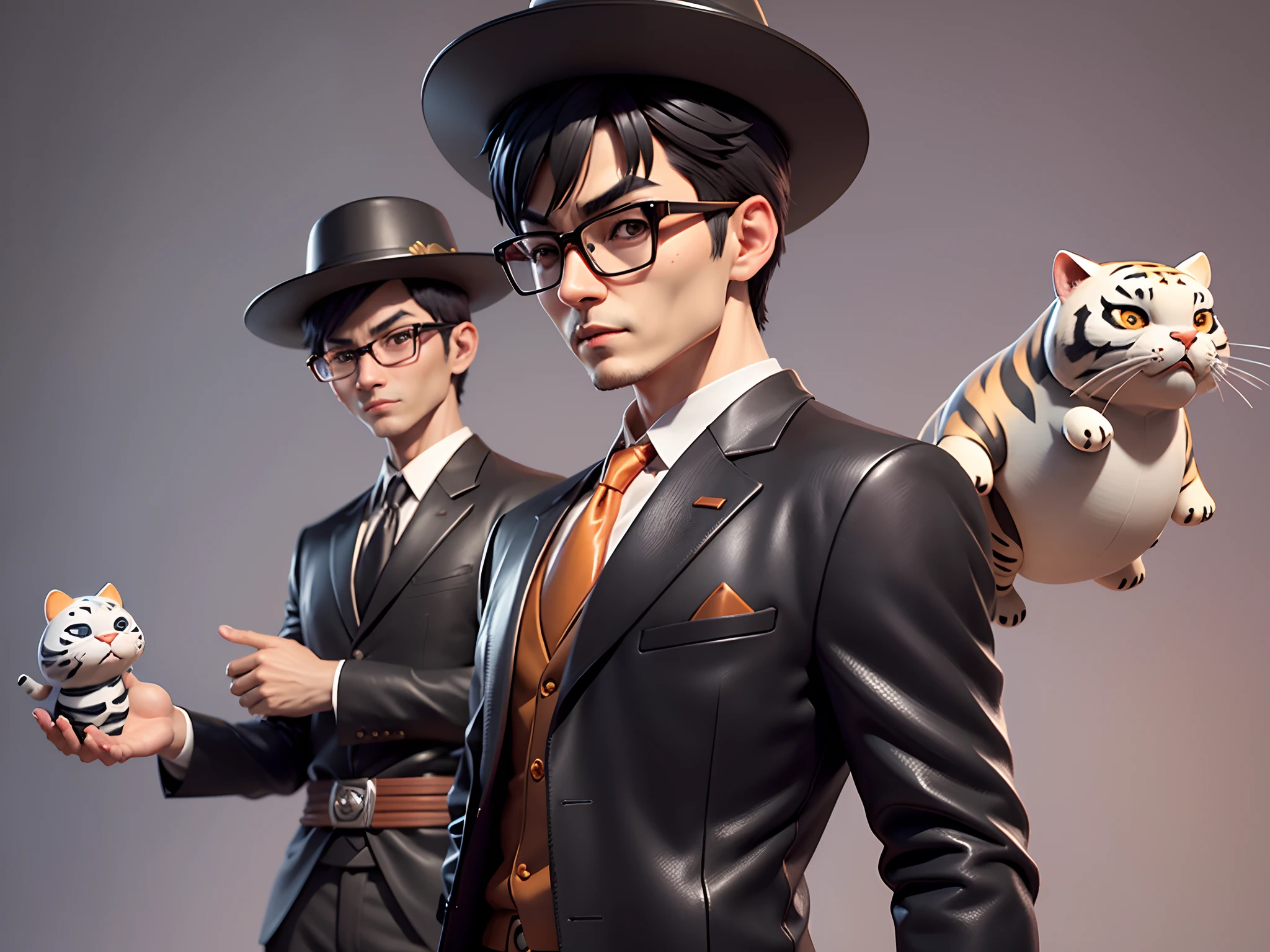 Young man with oriental face in leather hat, dragon, formal suit, short black hair, silver glasses, digital painting, 3D character design by Mark Clairedon and Pixar and Hayao Miyazaki and Akira Toriyama, the illustration is a high-definition illustration in 4K resolution with very detailed facial features and cartoon-style visuals.