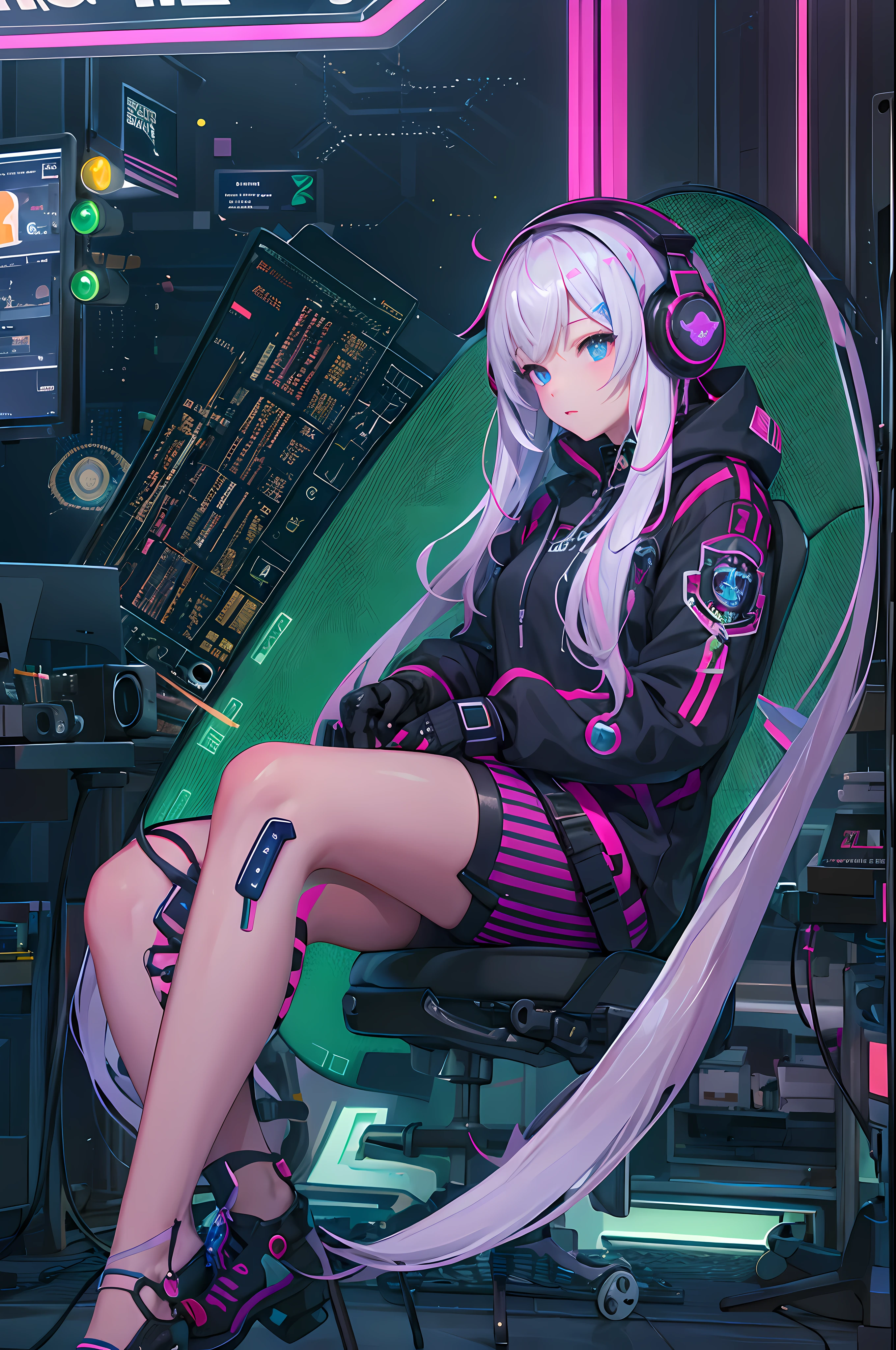 (masterpiece:1.5, intricate details:1.3), gamer, girl(mikuhatune)++, headphones, hoodie, long hair, white hair, neon pink, bedroom, desk, chair, computer, dystopican, space, futuristic, neon glow, dark city, dark room, heart computer, neon heart, neon purple, neon green, video games, one girl, one character, pastel, pink lights