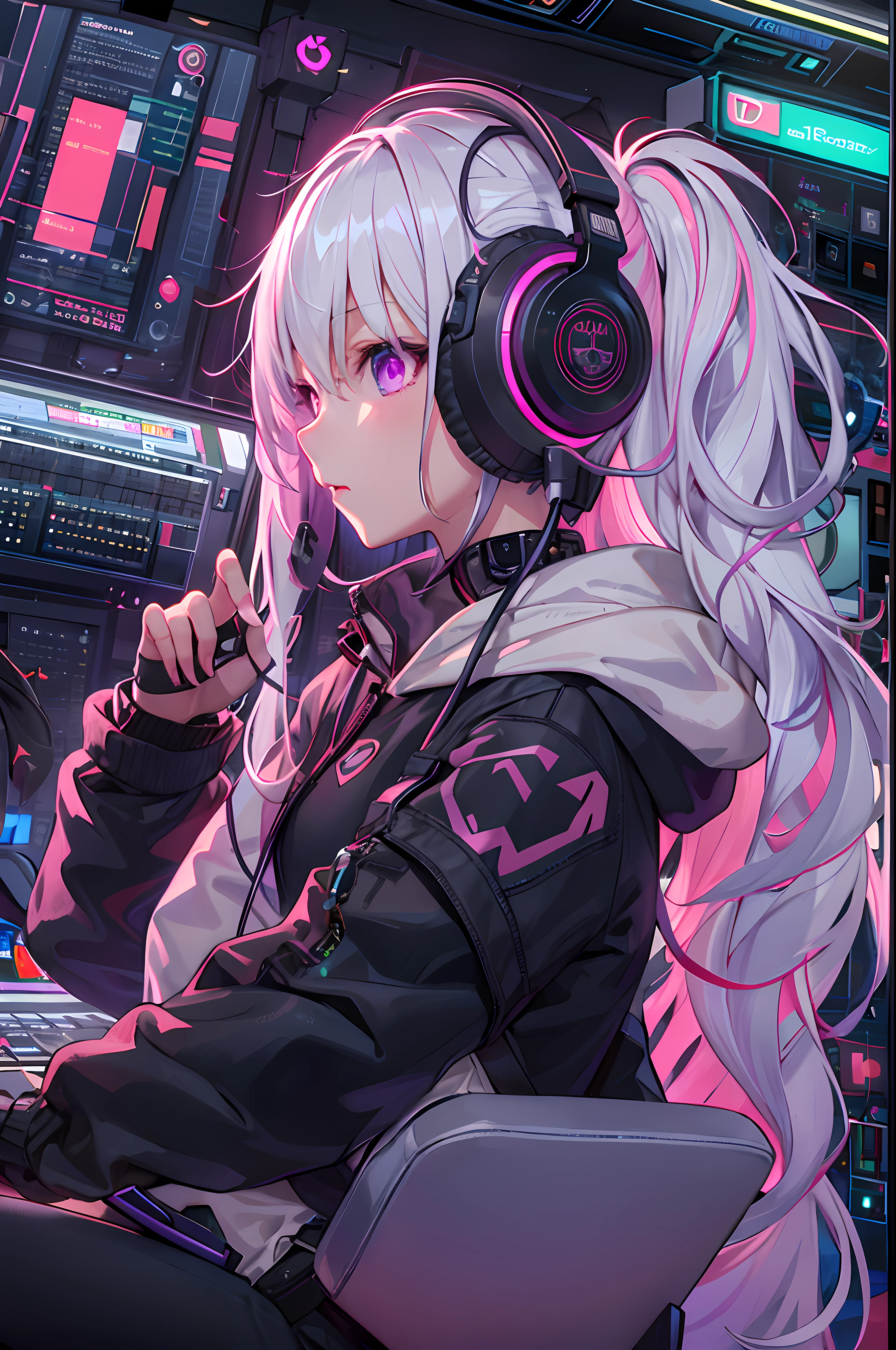 (masterpiece:1.5, intricate details:1.3), gamer, girl(mikuhatune)++, headphones, hoodie, long hair, white hair, neon pink, bedroom, desk, chair, computer, dystopican, space, futuristic, neon glow, dark city, dark room, heart computer, neon heart, neon purple, neon green, video games, one girl, one character, pastel, pink lights