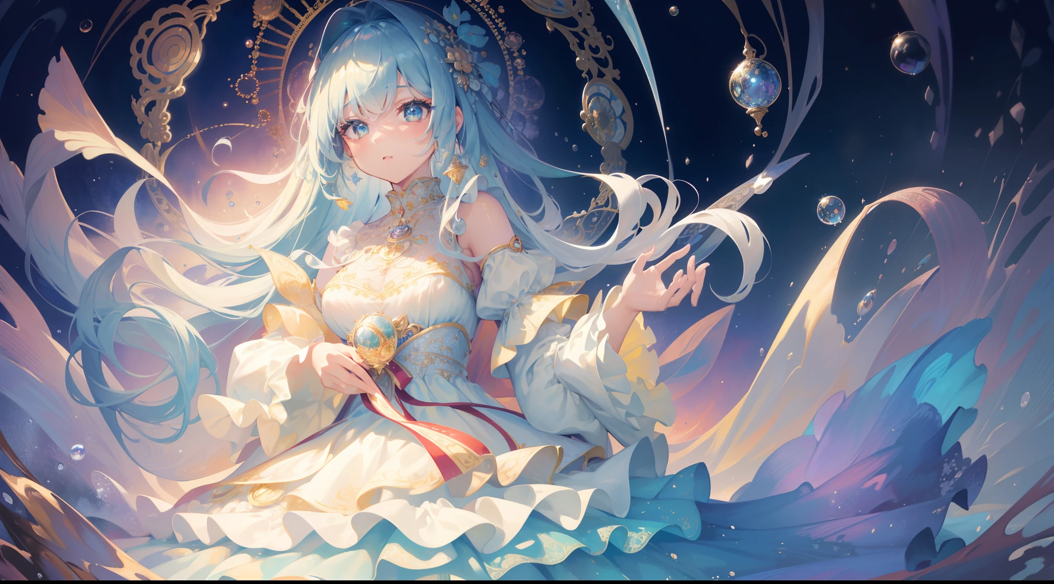 masterpiece, best quality, 8k resolution, sharp focus, intricate detail, beautiful girls, multiple girls, duo, trio, sparkling eyes, golden ratio face, otherworldly liquid, watercolor, cool colors, bright colors, whimsical, colorful, sharp focus, high resolution, fine detail, ((layered tiered puffy long sleeves ballgown)), ((round eyes)), iridescent bubbles, fantasia background