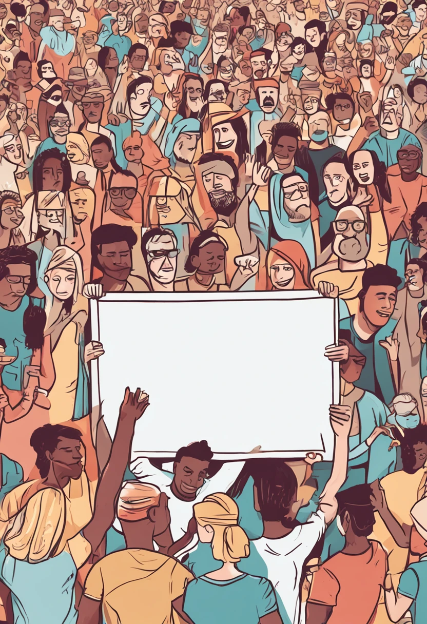 Group of multi-ethnic men and women united and holding blank banner. People are protesters or activists. Personagens de desenho animado isolados em fundo branco