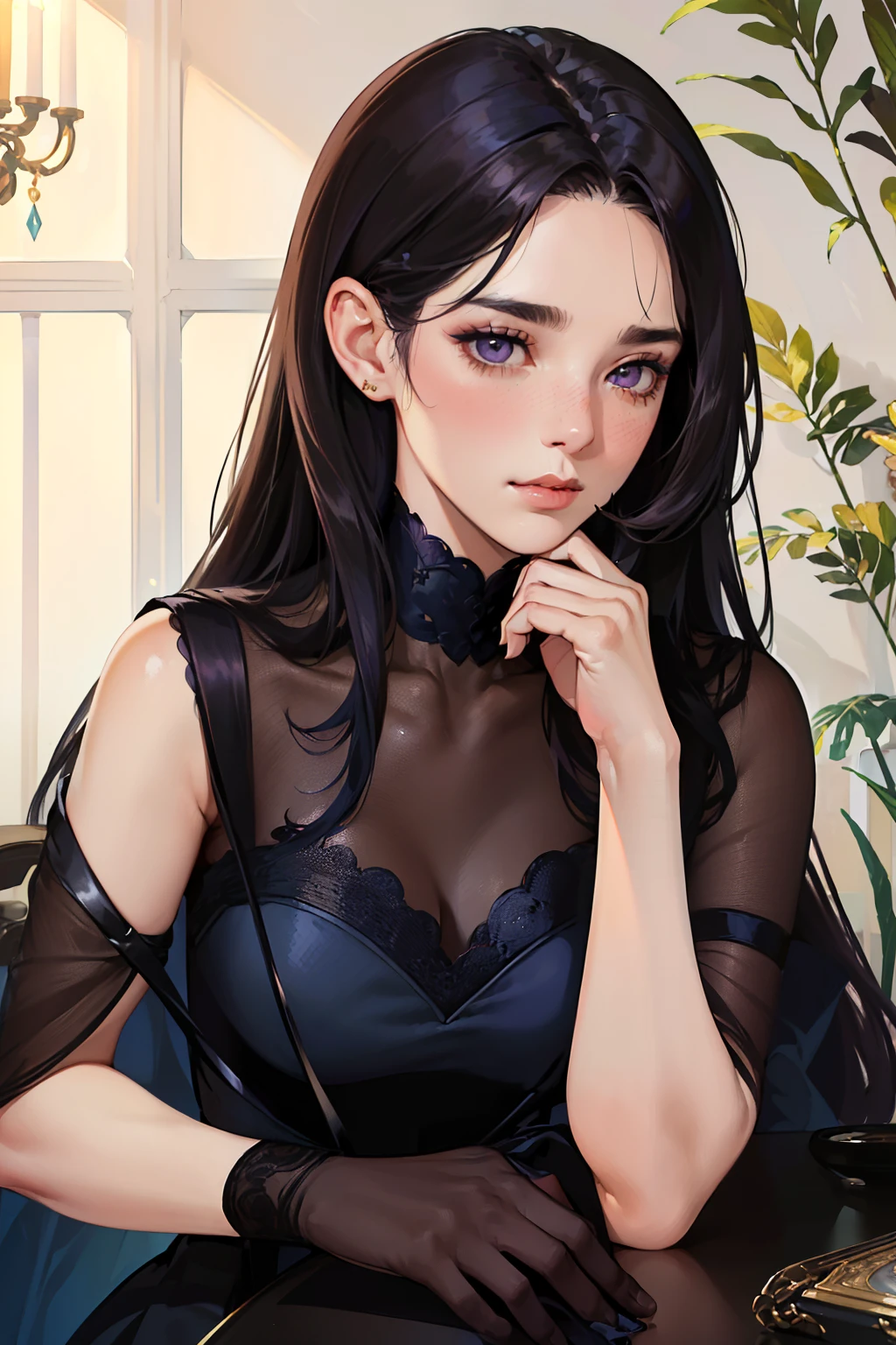 masterpiece, best quality, realistic, mature female, cute, 25 years old, closed mouth, portrait, extremely detailed face, warm, (dark purple eyes), (( Black long hair), ((front bangs hair)), [thin eyebrows], palace, ((elegant dark blue dress)), slight makeup, soft smile, ear blush, light blush, shorteyelashes, 4k,sitting