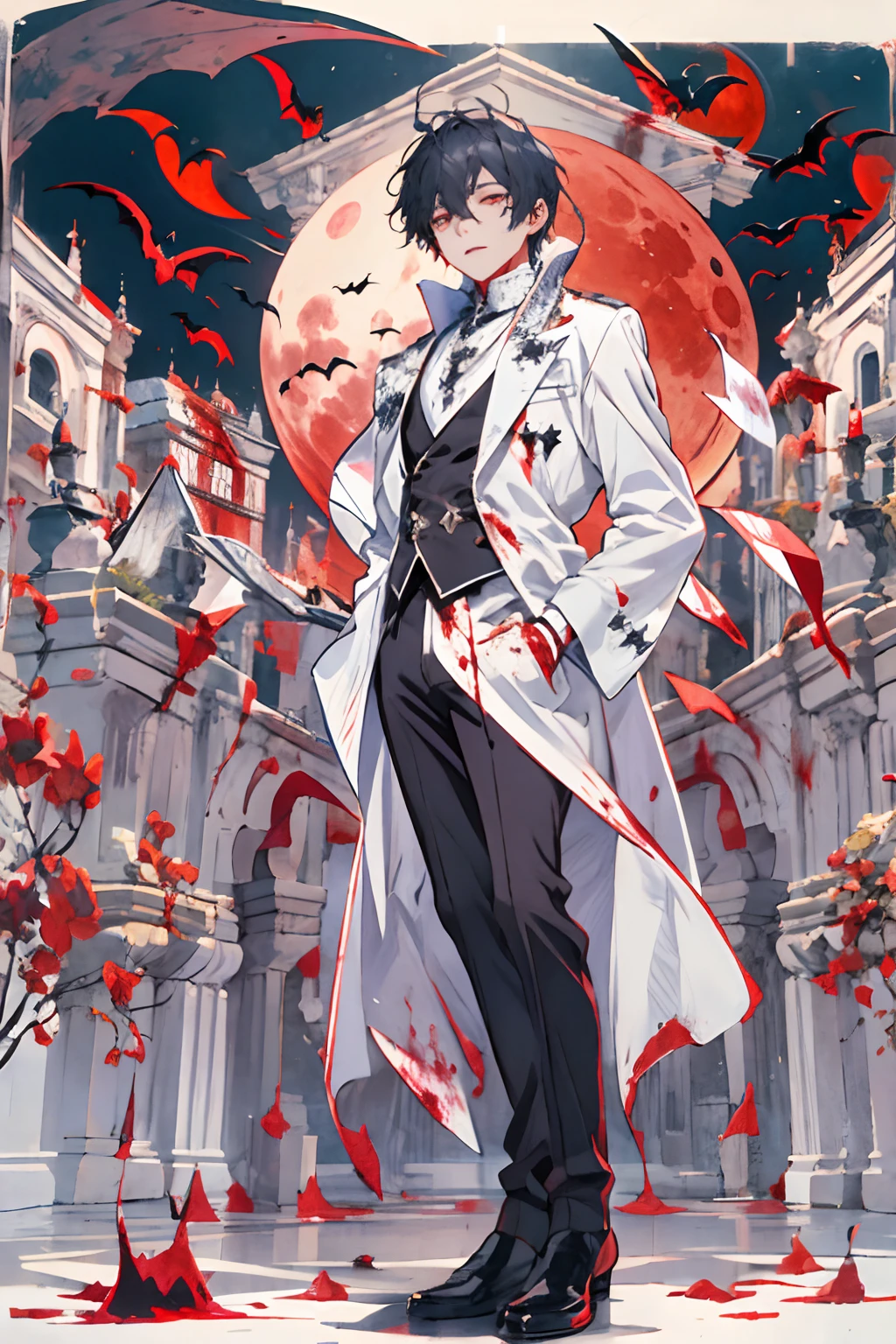 [(white background:1.5),::5], (hexagon:1.0), 1man, vampire, short hair, mid shot, full body, blood, red moon, castle, high quality, best, super detailed, beautiful detailed face